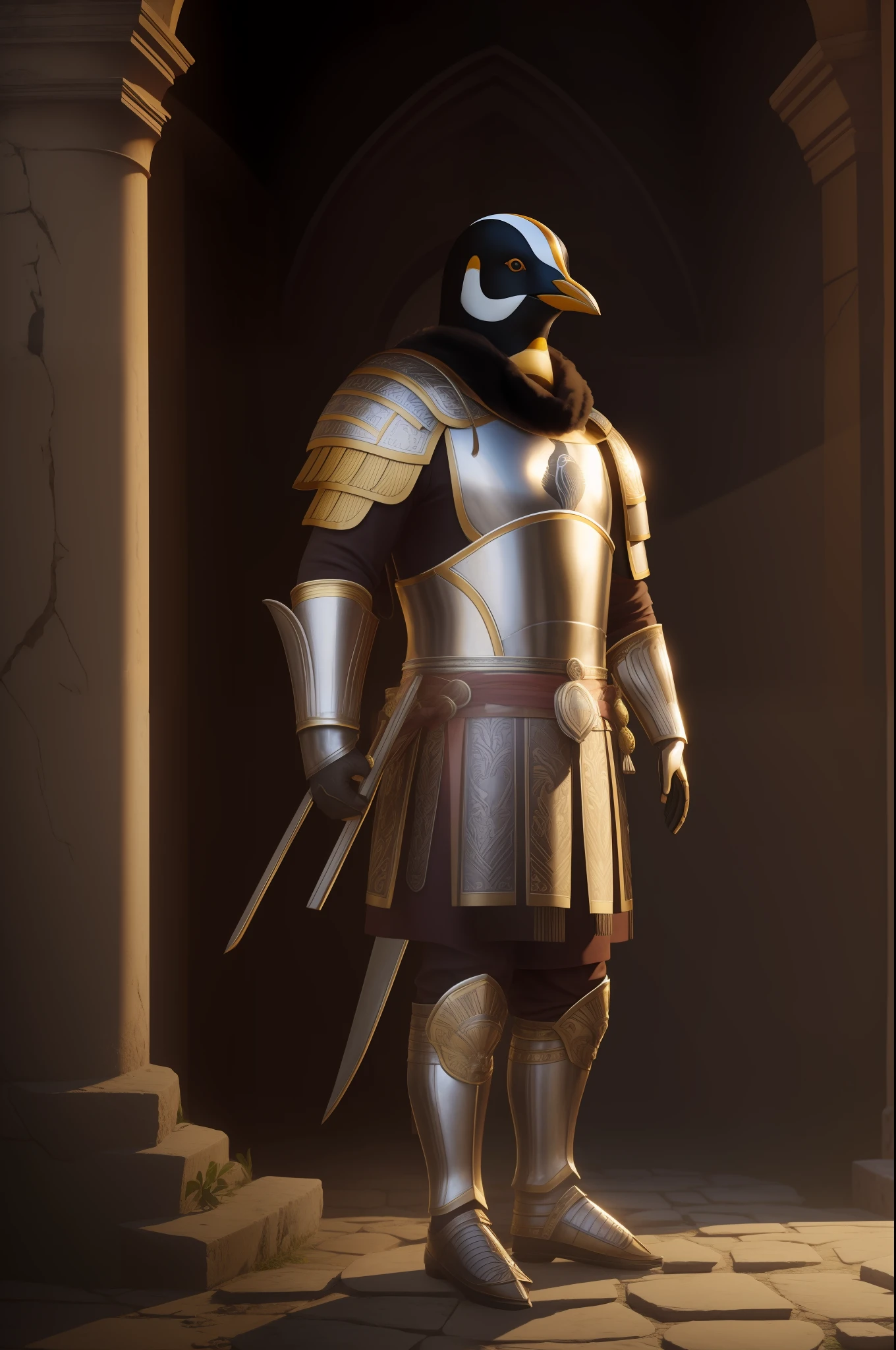 Portrait of a penguin with Roman armour. Ancient Roman buildings as background, illuminated by natural light, ray tracing.
