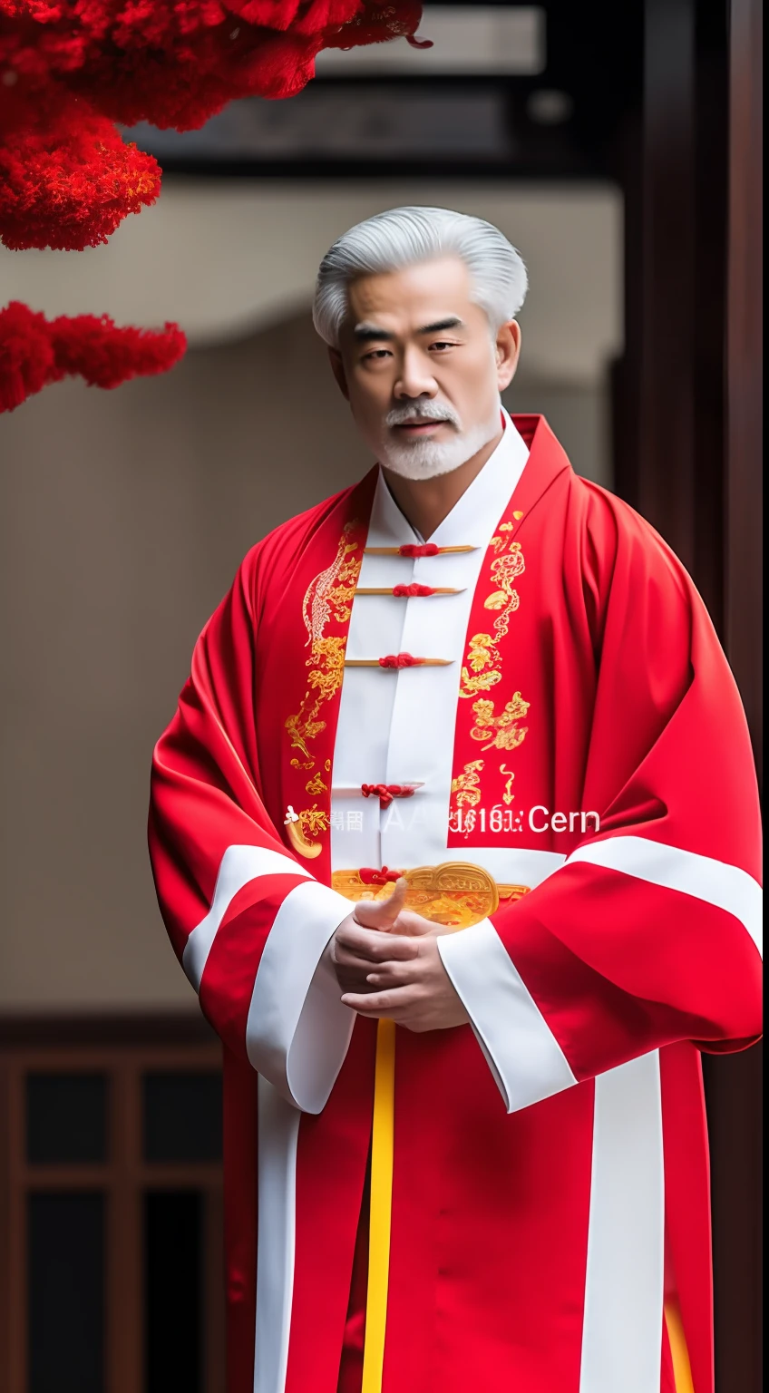 Masterpiece, Highest quality, (solofocus),, (High detail: 1.1),dojo,Red and yellow robes,The male, Man, chinese crown, 1人,and white hair,超高分辨率 , Detailed background, realisticlying, wearing a detailed and intricate xianxia antique outfit