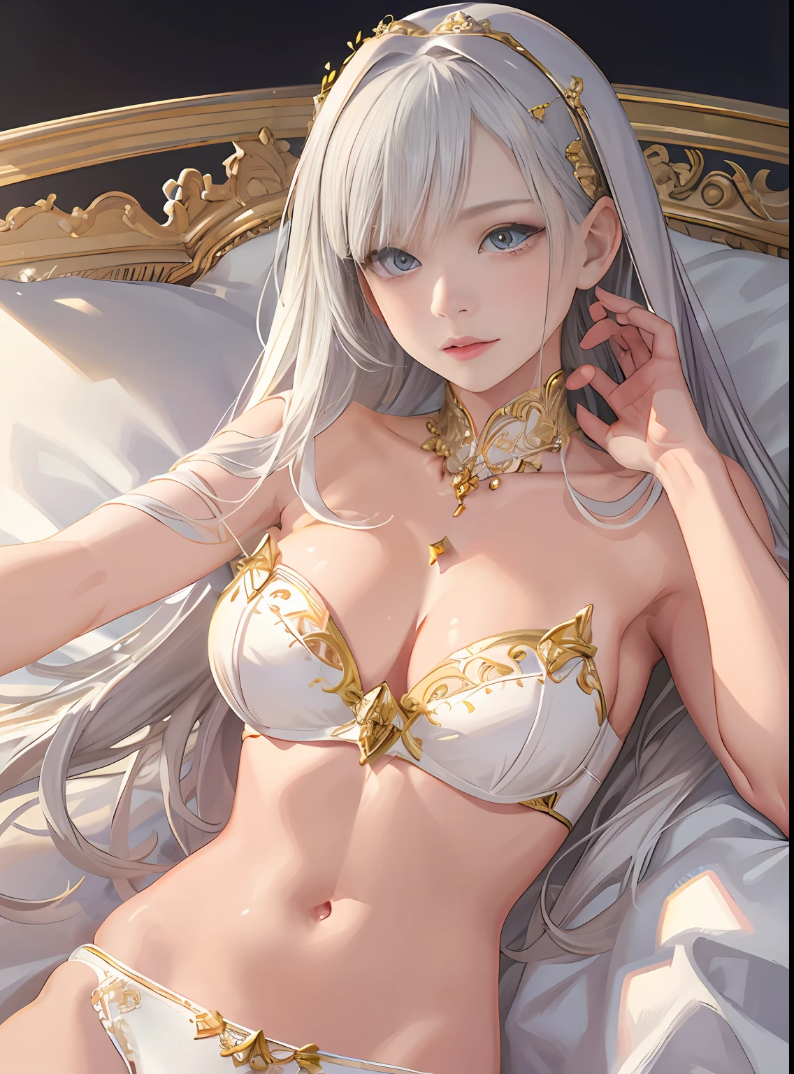 Loli two-dimensional white silk navel showing thin white lace bikini lying on bed with petite figure, sleepy-eyed，Beast Ear Beast Tail Body relaxed