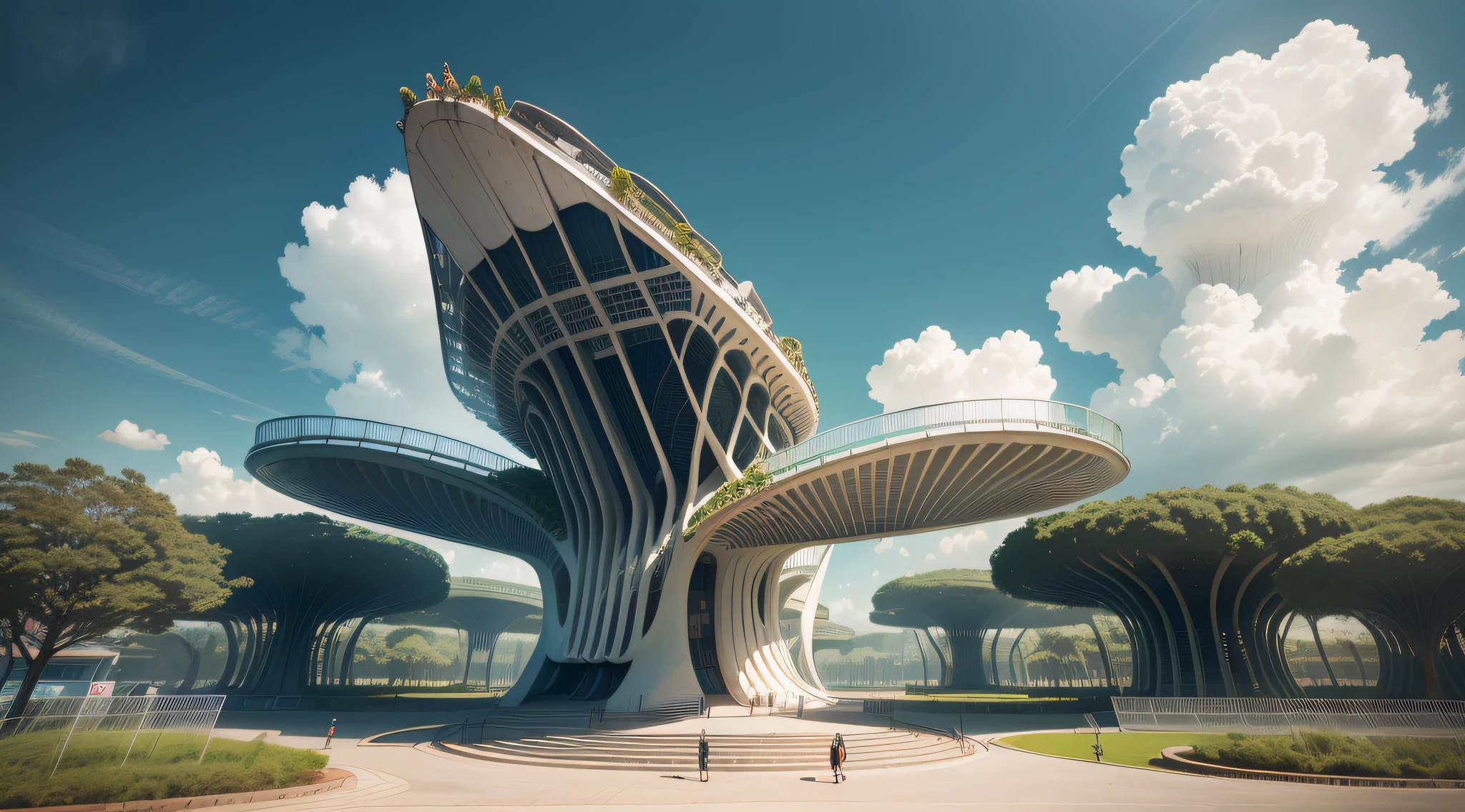 ((uma moderna escultura monumental de parque moderno em formato de X)), ((localizado em um centro de uma cidade)), (inspirado em oscar niemeyer:1.4), (imagem hiperrealista:1.2), in a futuristic setting of a city.