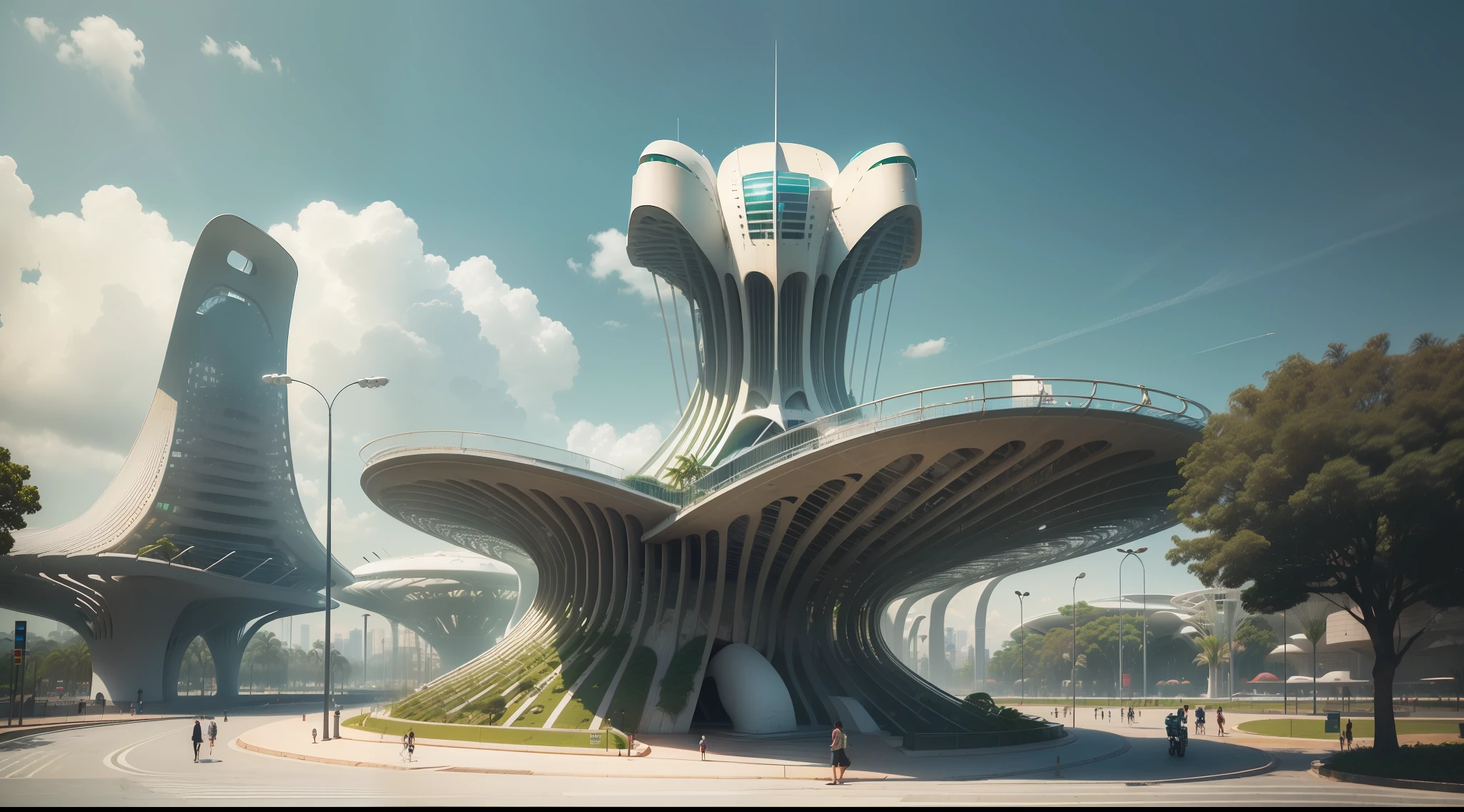 ((uma moderna escultura monumental de parque moderno em formato de X)), ((localizado em um centro de uma cidade)), (inspirado em oscar niemeyer:1.4), (imagem hiperrealista:1.2), in a futuristic setting of a city.