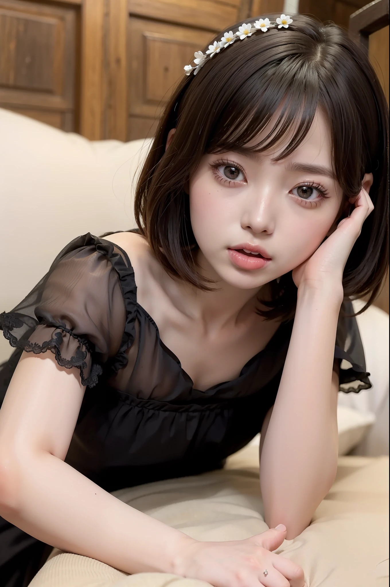 Photo Real、photoRealstic Golden hair、Depigmented hair、Short hair、Straight hair、Lots of bangs big eye、with round face、Plump cheeks、The contours of the face are round、a small face、a baby face japanes、14years、tiny body、skinny body、young body、Soft thighs mini top hat、Lolita Fashion、Red Wedding Dress、Black frills、Wear lace、Dresses that stand out、Decoration Dresses、a short skirt、Unique clothing Adult Pose、Bold poses、Faces close、Face Close-up、Blushing、Looking here、Exposing the tongue、stick out your tongue and lick、Fluid around the mouth、droolng Background with、Old-fashioned Western-style building、Western-style castle、a castle yard、Flower Garden