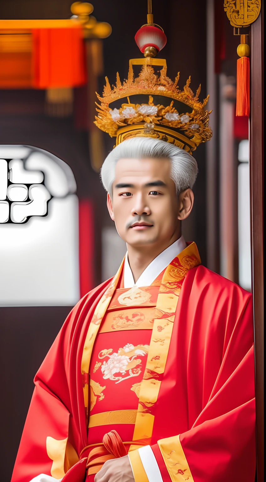 Masterpiece, Highest quality, (solofocus),, (High detail: 1.1),dojo，Red and yellow robes，The male， Man, chinese crown, 1人,and white hair,超高分辨率 , Detailed background, realisticlying, wearing a detailed and intricate xianxia antique outfit