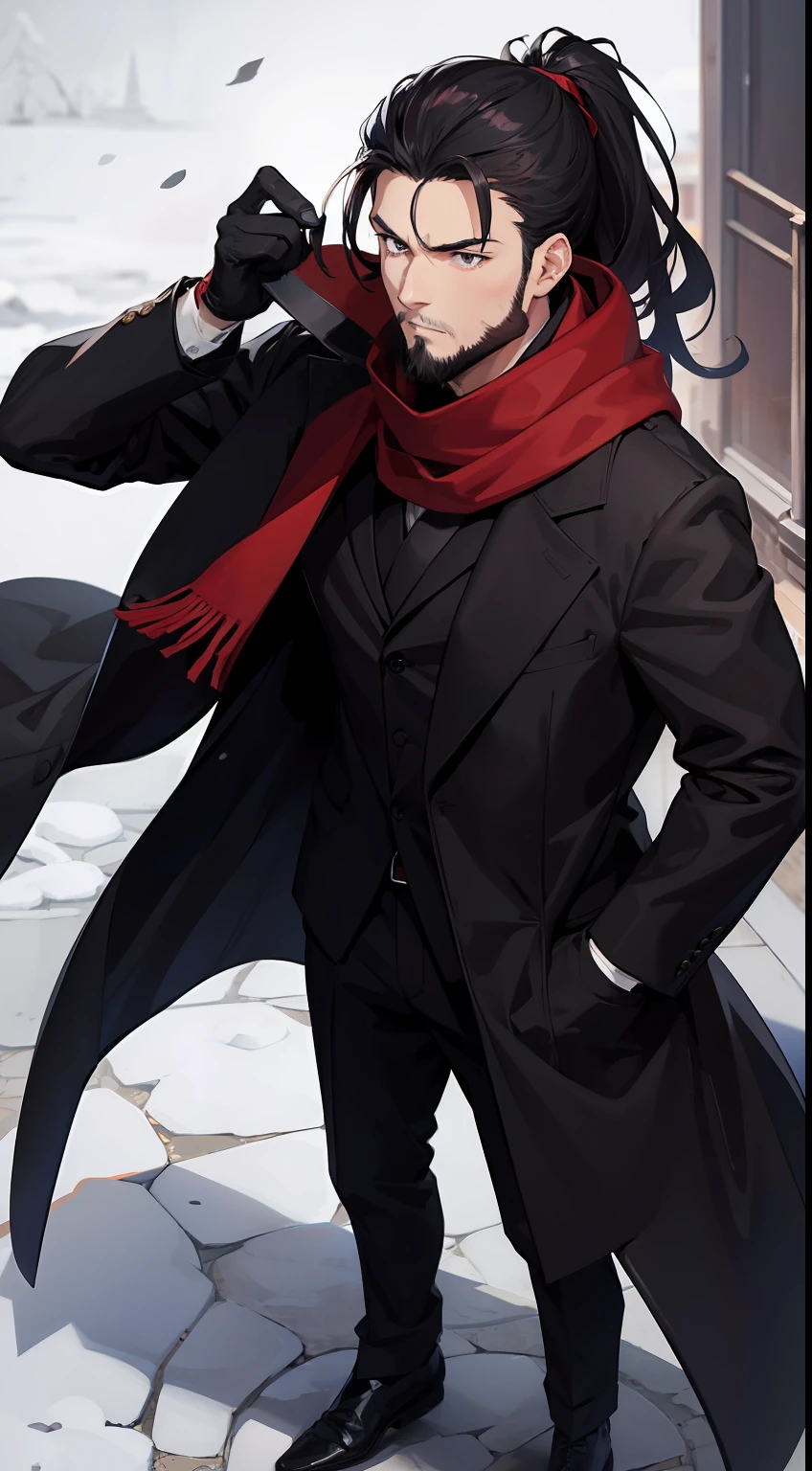 anime, man, dark red scarf, black suit, black overcoat, short ponytail, tiny beard, black gloves