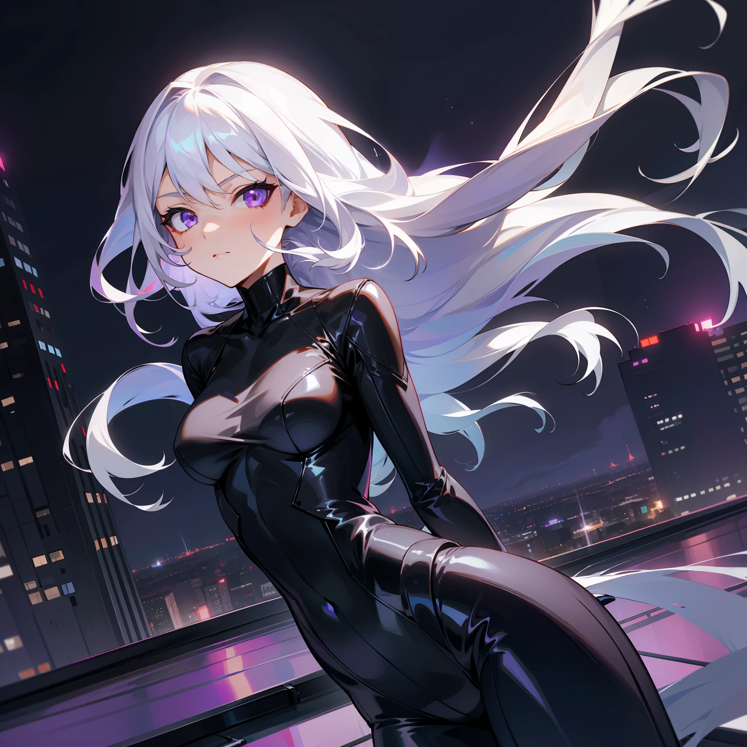 the night，On the roof of a very tall building，A girl with long silver-white hair，Naturally，What a comfortable expression，Purple eye，wearing a black bodysuit，Blowing the wind on the rooftop