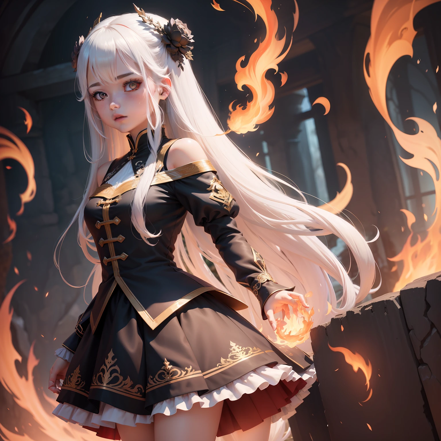 The animations are rich in detail,This is a high-quality 8K masterpiece。15-year-old female,A woman,bachelorhood,Naughty and cute,Long white hair,Long bilateral hair,Puffy skirt,Fire elemental magic,fantasy