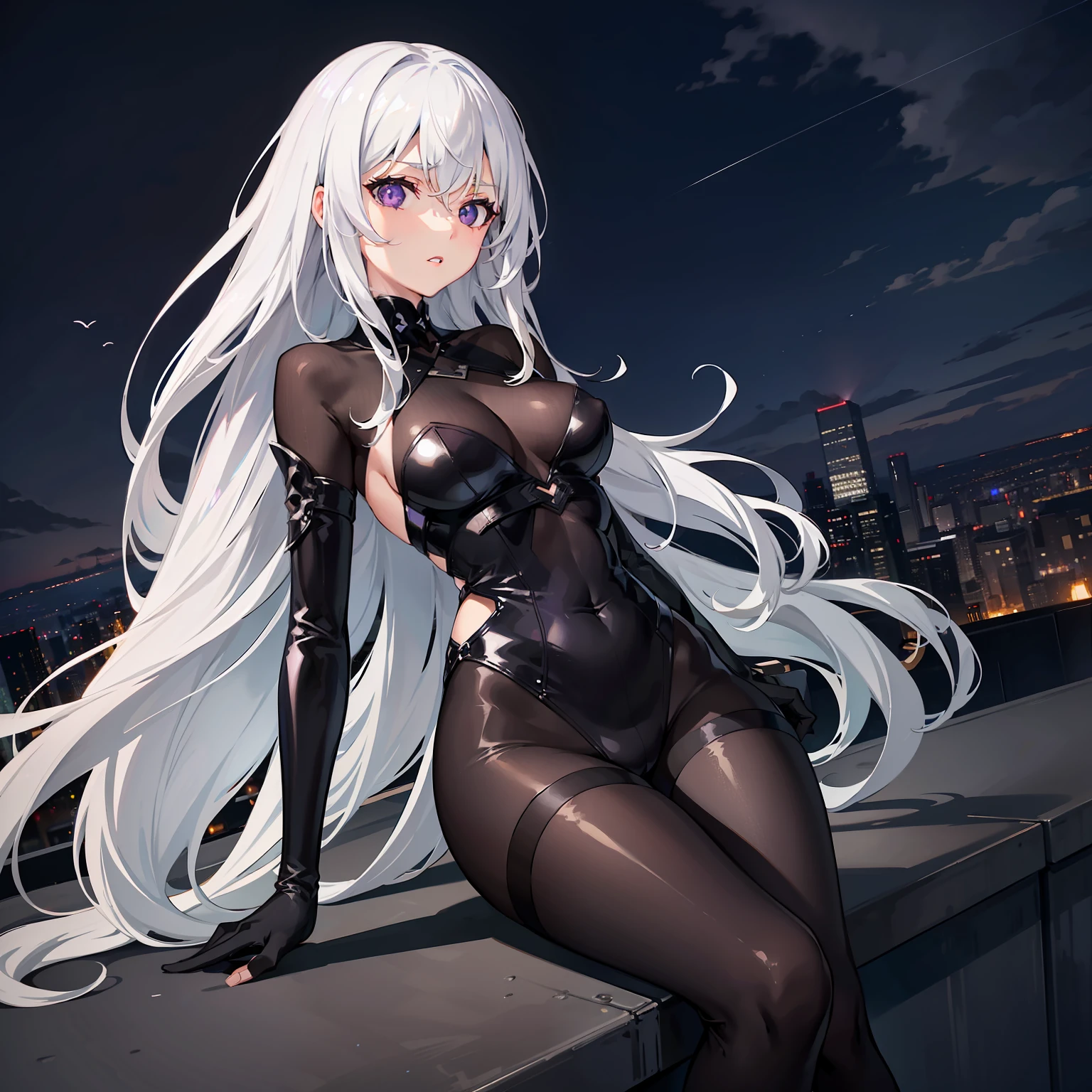 the night，On the roof of a very tall building，A girl with long silver-white hair，Naturally，What a comfortable expression，Purple eye，wearing a black bodysuit，Blowing the wind on the rooftop