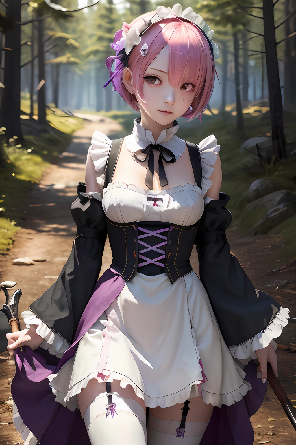 masterpiece, best quality, highres, ram1, 1girl, solo, ram \(re:zero\), pink hair, white thighhighs, short hair, red eyes, hair over one eye, ribbon trim, hair ribbon, x hair ornament, frills, maid headdress, waist apron, garter straps, black ribbon, small breasts, long sleeves, white apron, neck ribbon, purple ribbon, wide sleeves, hair flower, holding weapon, outdoors, night, forest, torn clothes, blood on clothes, injury, realistic ,ultra detail