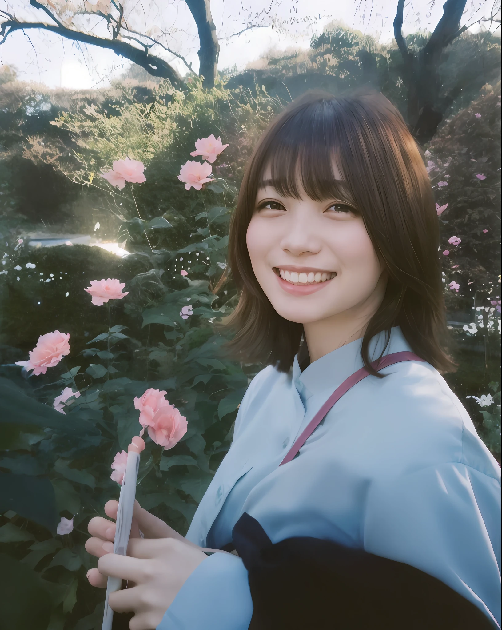 smiling woman holding a flower in front of a bush of pink flowers, with short hair, with flowers, with bangs, chiho, inspired by Miwa Komatsu, inspired by Ma Yuanyu, shinsui ito, aya takano color style, nishimiya shouko, inspired by Miyagawa Shunsui, 奈良美智