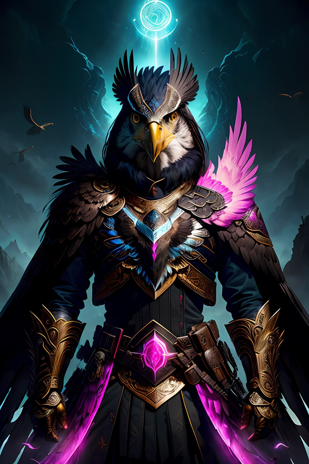 Eagle Falcon Warrior,Eagle head mask,Hawkeye,eagle: An eagle warrior with an eagle falcon face stands in front of the city of darkness,Close-up of the eagle falcon,The face and wings glow, Beautiful and elegant Eagle Falcon Queen, Epic fantasy art, dan mumford tom bagshaw, an ominous fantasy illustration, Diablo digital concept art, Lei Zhenzi is in the list of dedications, The head is an eagle falcon, fuchsia skin beneath the armor, Thunder Mako, Epic fantasy art style, fuchsia skin below the armor, Detailed digital 2D fantasy art, Epic fantasy art style HD, 8K fantasy art, King of Birds