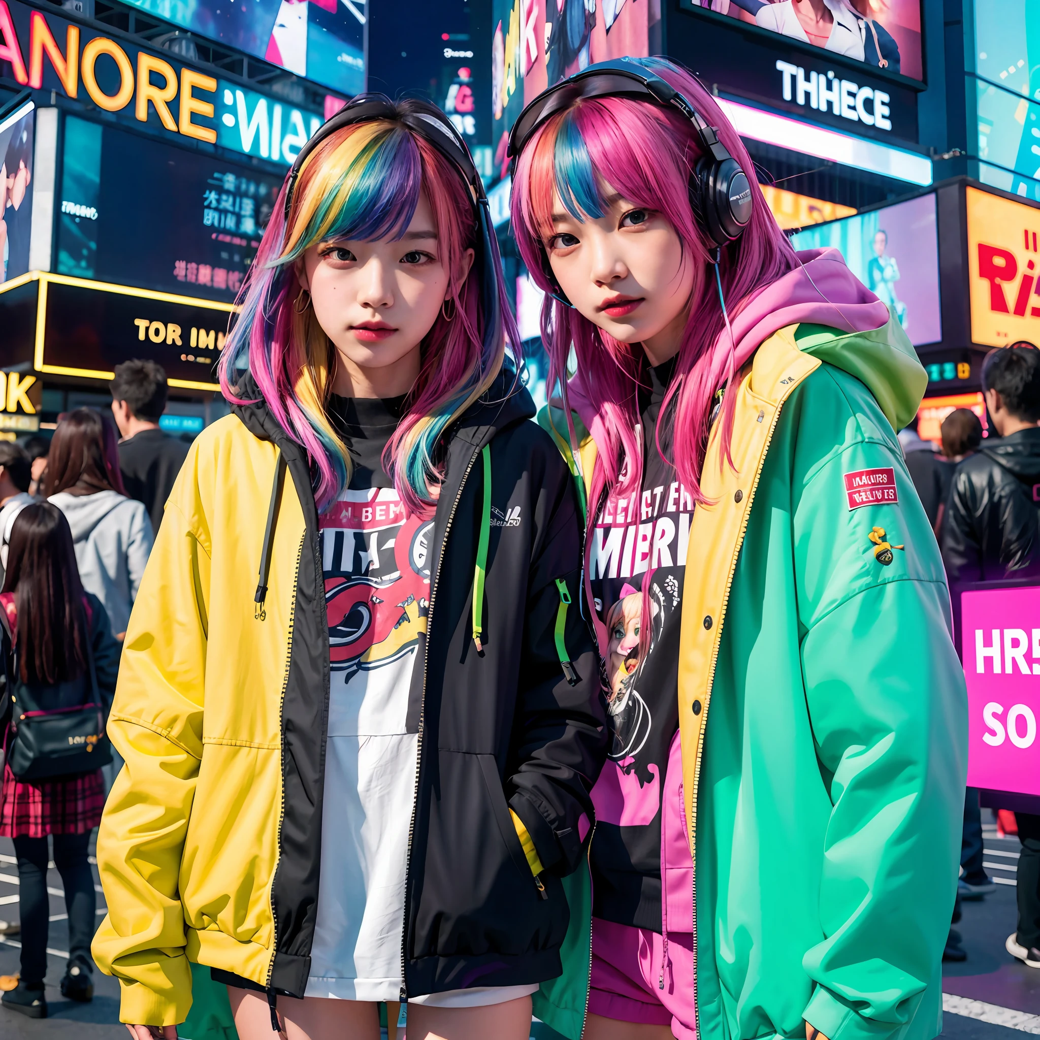(in 8K、RAW Photos、top-quality、​masterpiece:1.2)、(realisitic、Photorealsitic:1.37)、ultra-detailliert、超A high resolution、1girl、独奏、rainbow hair、parka、espadrilles、straight haired、headphones、Long、full bodyesbian、natta、neons、Times square、cyberpunked