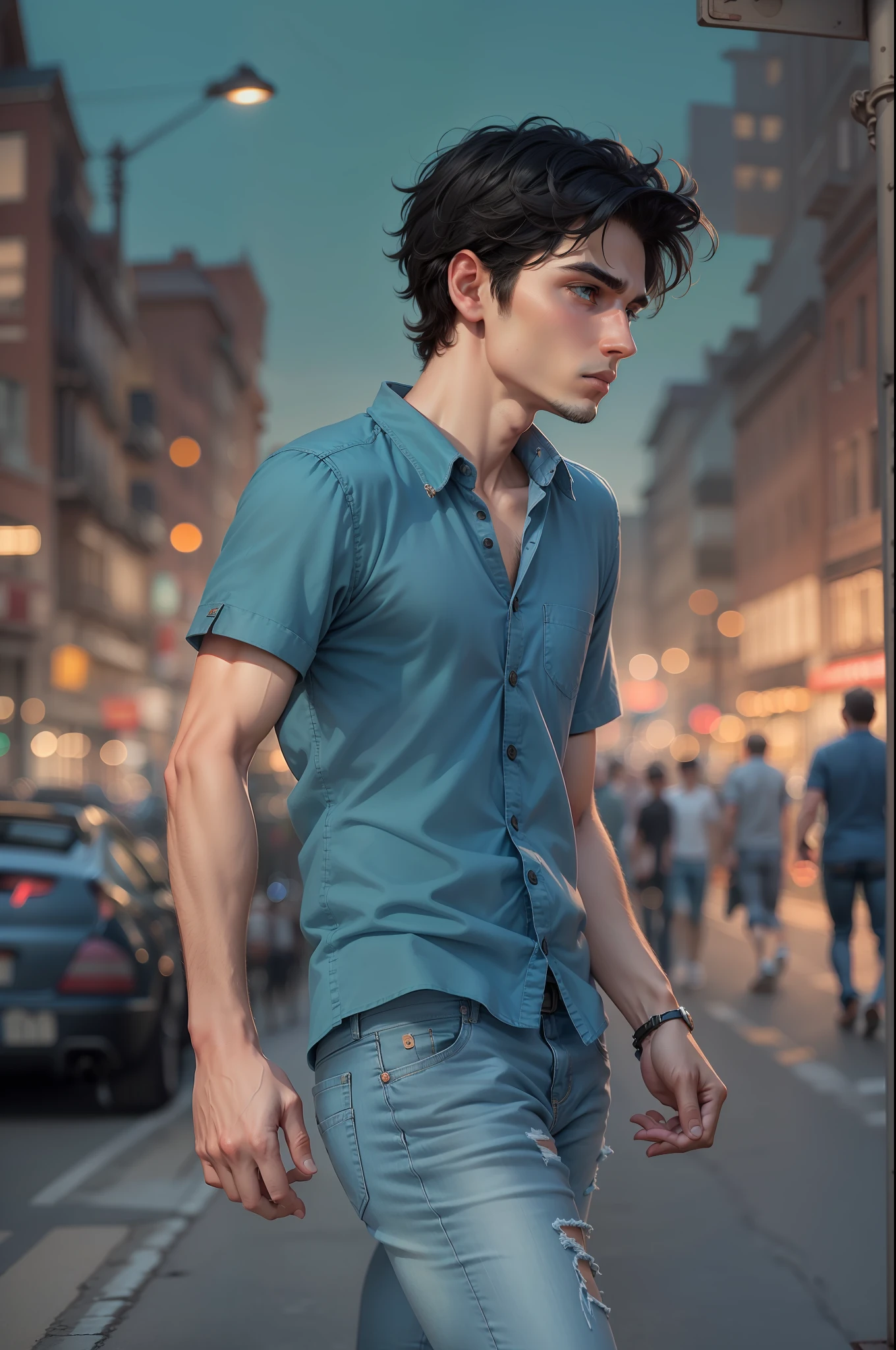 Ultra realistic image of a 25 year old man, short black hair, dressed in a blue shirt and jeans, walking on a busy street at dusk, worried expression