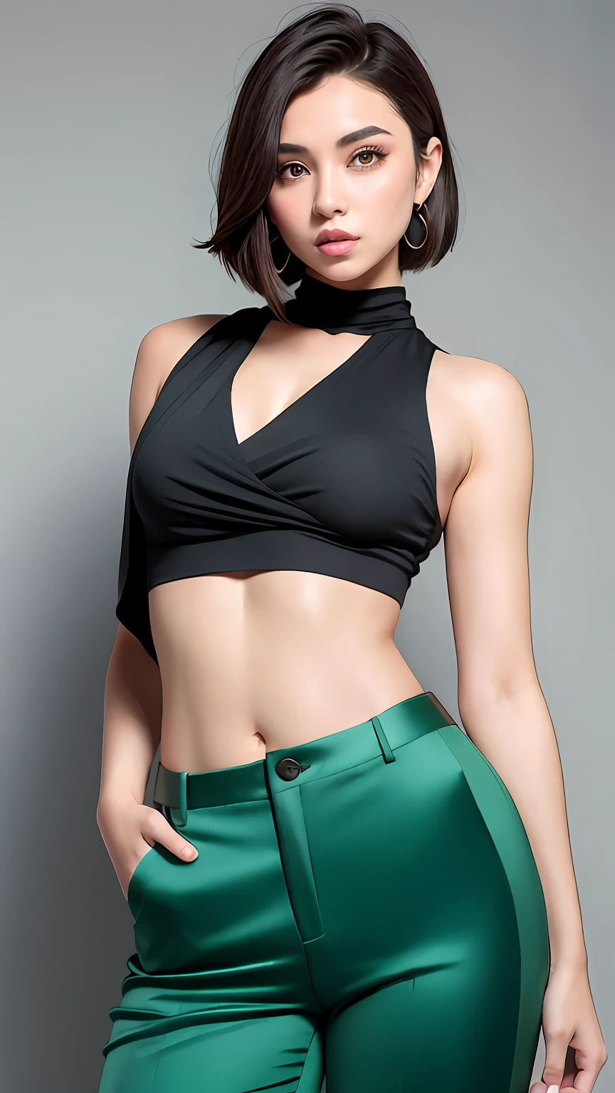 Short shawl hair,High eyebrows are shown,largeeyes,sensual lip,High nose,Wear a black sleeveless suit vest on the upper body,Wear green puffy pants on the bottom,Enchanting,Charming,Slim,Real Human,