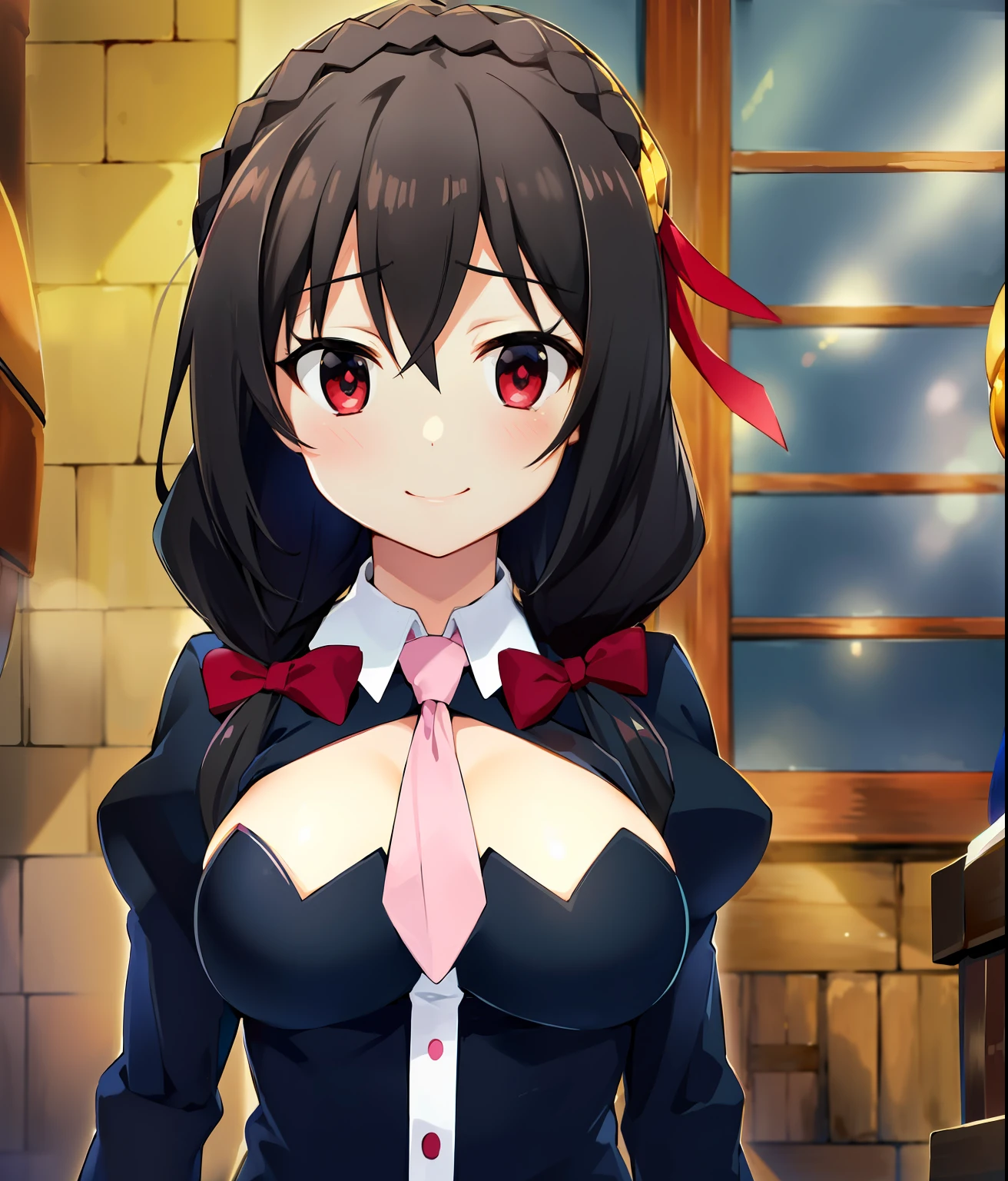 chromatic aberration, depth of field, soft lighting, masterpiece, best quality, Yunyun, 1girl, full body, long hair, looking at viewer, smile, blush, black hair, hair ornament, red eyes, long sleeves, ribbon, hair between eyes, twintails, upper body, braid, between breasts, hands on breast, necktie between breasts, pink necktie, full body