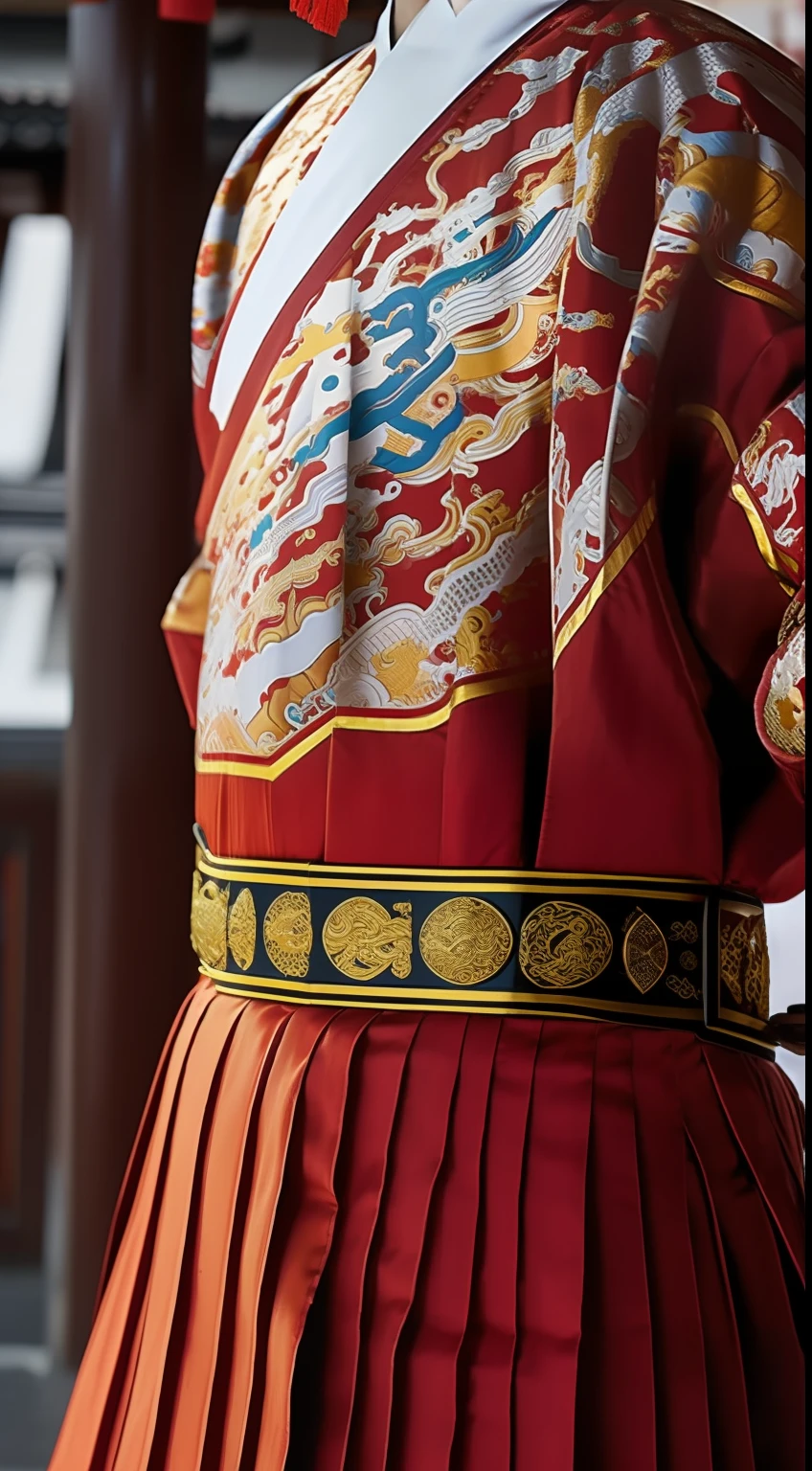 Masterpiece, Highest quality, (solofocus),, (High detail: 1.1),dojo,Red and yellow robes,The male, Man, chinese crown, 1人,and white hair,超高分辨率 , Detailed background, realisticlying, wearing a detailed and intricate xianxia antique outfit