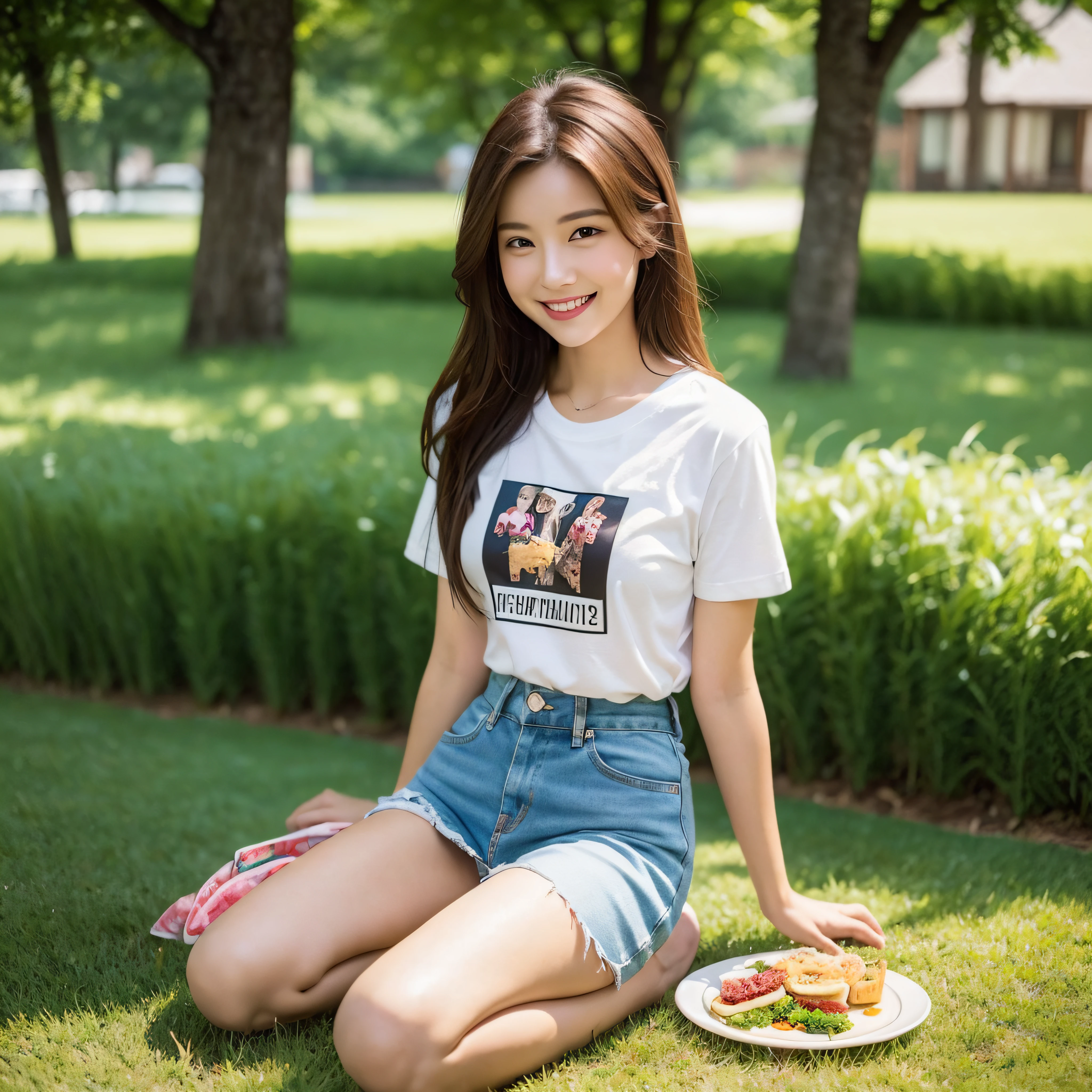 Realistic:1.2), 23yo Girl, (((full body))), wears a casual t-shirt, holding a small snack on a plate, (((sit at grass))), (Happy expression, Standing: 1.2), beautiful shape, light brown hair, looking at the viewer, small waist, clean skin, holding a small snack on a plate