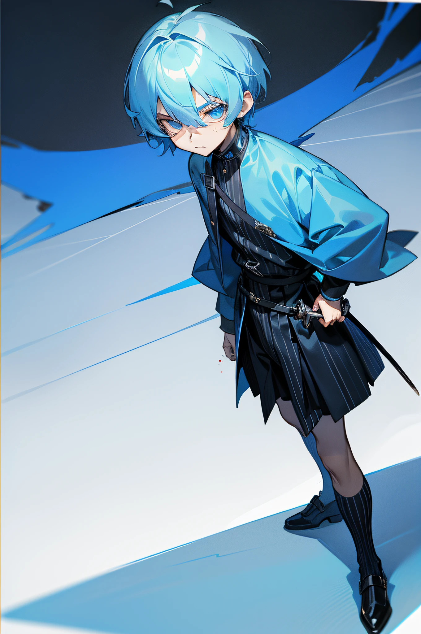 schoolboy,cool guy,Shota,Full of juvenile feeling,Handsome and cute,lightblue hair,Ice blue eyes,short detailed hair,Black clothes with intricate blue stripes,standing on your feet,Hold the knife in your left hand,A look of disdain,There was blood on his face and body