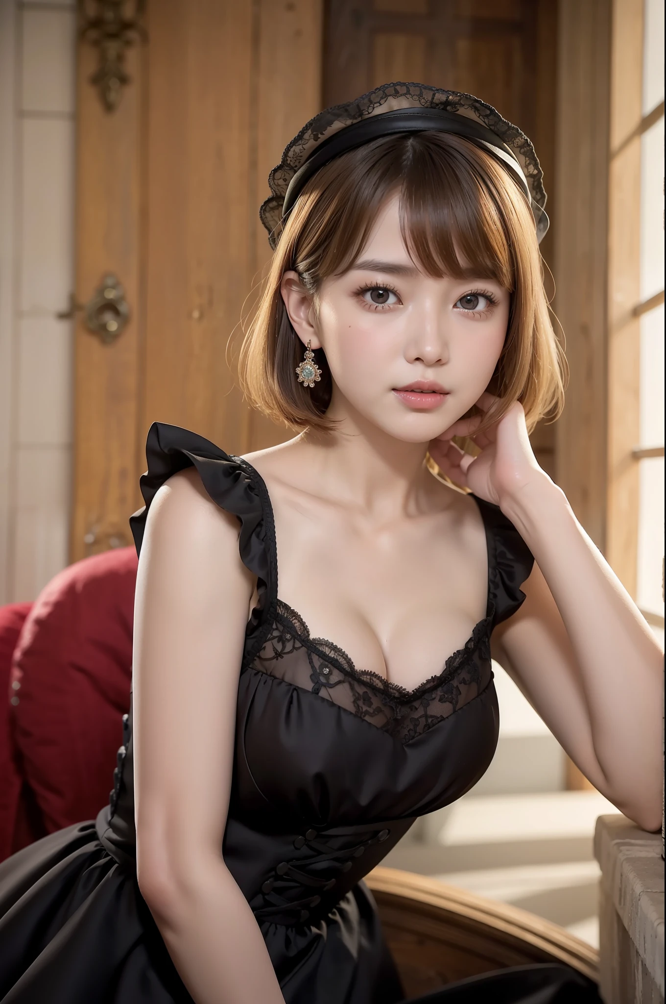 Photo Real、photoRealstic　Golden hair、Depigmented hair、Short hair、Straight hair、Lots of bangs　big eye、with round face、Plump cheeks、The contours of the face are round、a small face、a baby face　japanes、12year old、tiny body、skinny  body、young body、Soft thighs　 mini top hat、Lolita Fashion、Red Wedding Dress、Black frills、Wear lace、Dresses that stand out、Decoration Dresses、a short skirt、Unique clothing　Adult Pose、Bold poses、Faces close、Face Close-up、Blushing、Looking here、smil　Background with、Old-fashioned Western-style building、Western-style castle、a castle yard、Flower Garden
