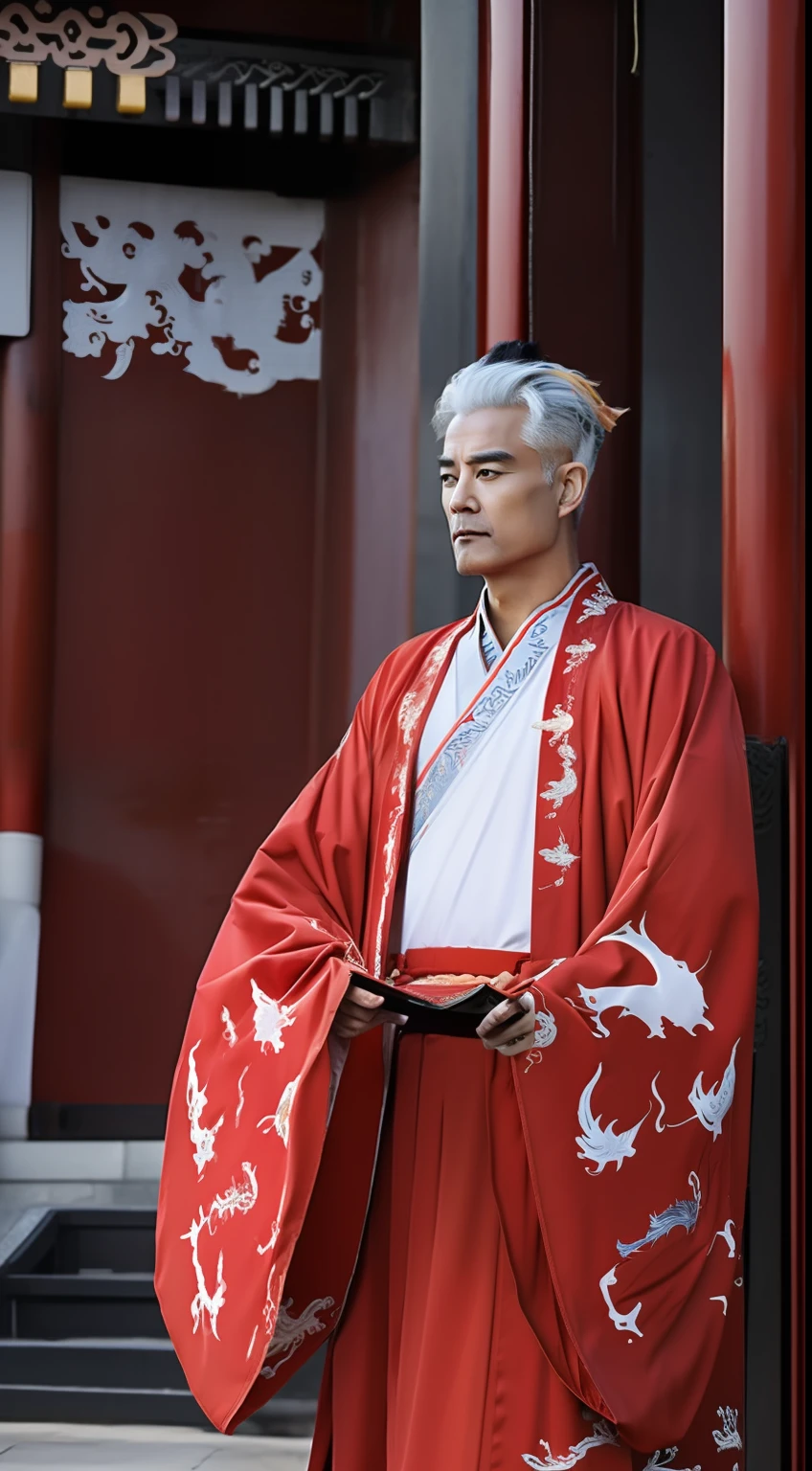 Masterpiece, Highest quality, (solofocus),, (High detail: 1.1),dojo，Red and yellow robes，The male， Man, chinese crown, 1人,and white hair,超高分辨率 , Detailed background, realisticlying, wearing a detailed and intricate xianxia antique outfit