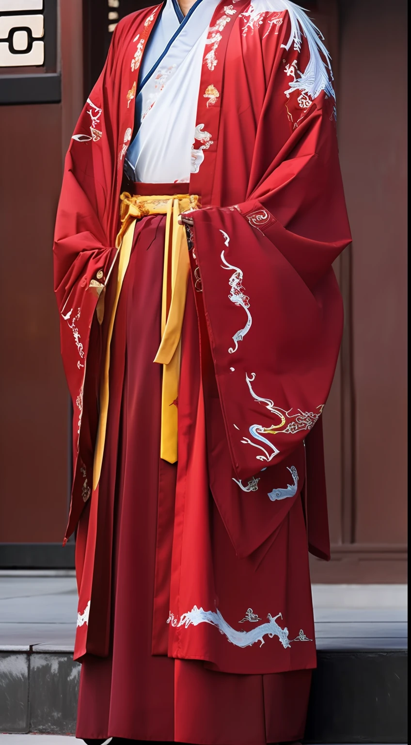 Masterpiece, Highest quality, (solofocus),, (High detail: 1.1),dojo，Red and yellow robes，The male， Man, chinese crown, 1人,and white hair,超高分辨率 , Detailed background, realisticlying, wearing a detailed and intricate xianxia antique outfit