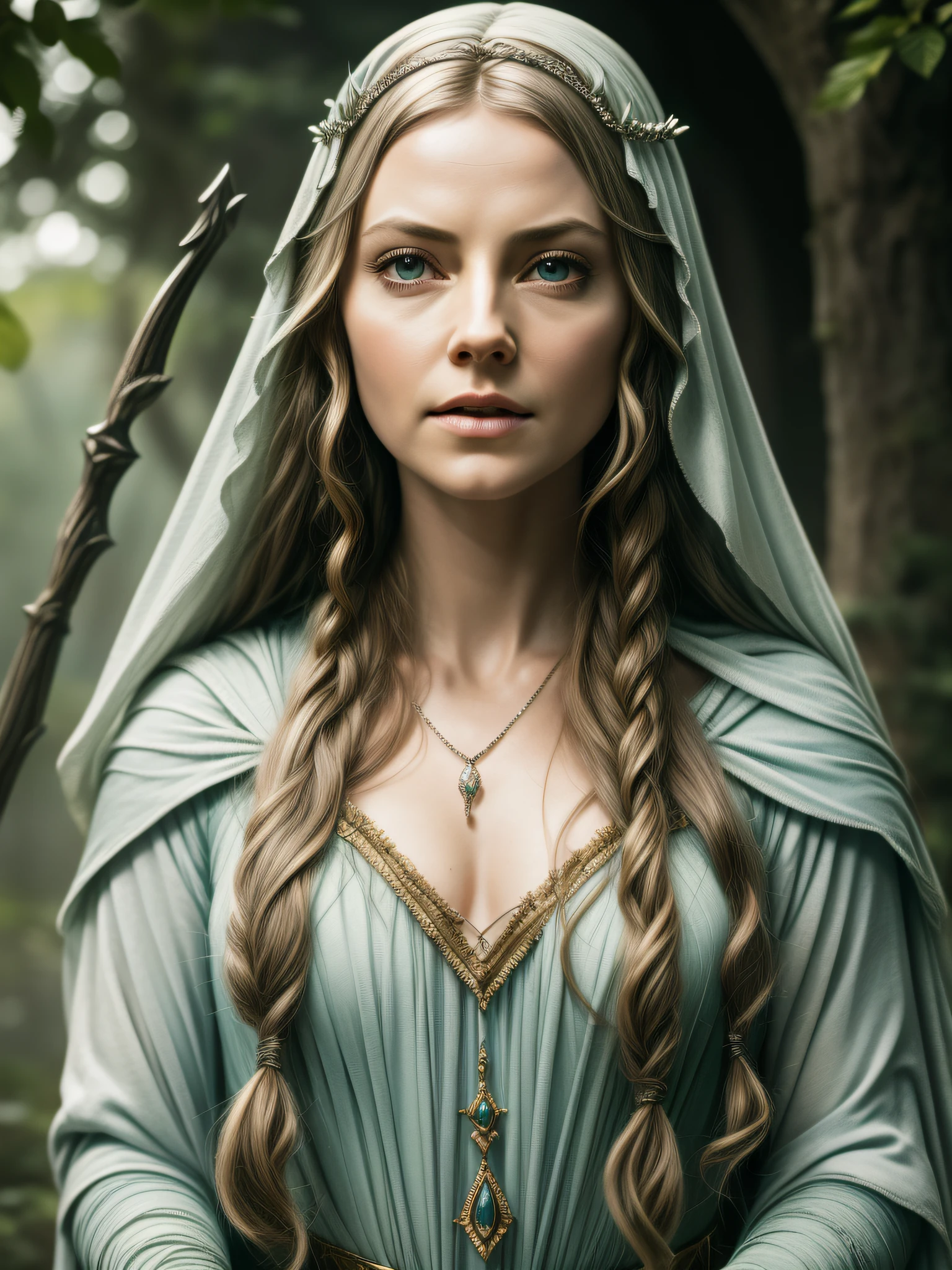 (Galadriel character in the series "The Lord of the Rings: The Rings of Power"), como Morfydd Clark, auto retrato hiper-realista, 8k UHD, DSLR, grain of film, pintura fotorrealista Fujifilm XT3 arte midjourney, ((Auto retrato de corpo inteiro)), (NSFW:0.95)