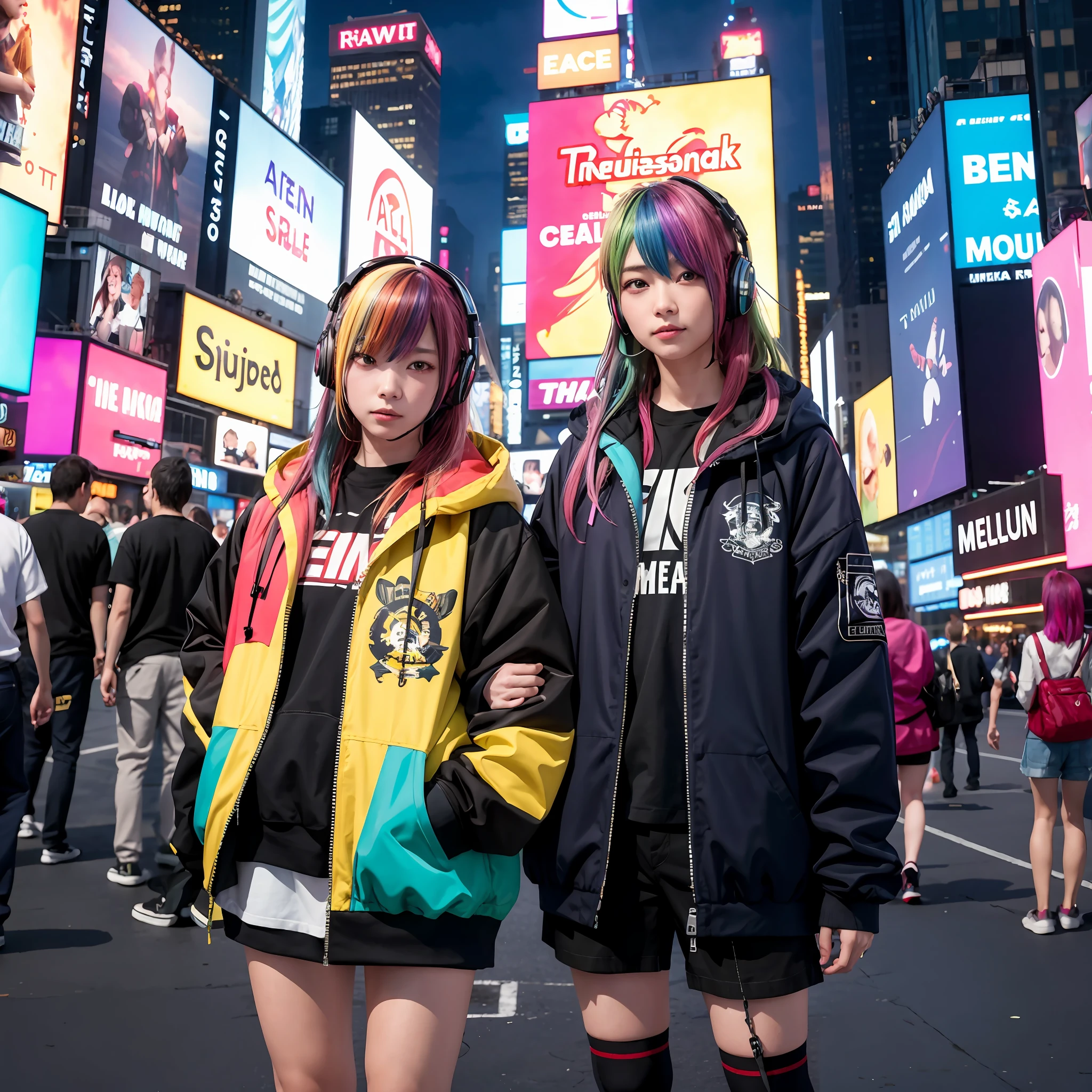 (in 8K、RAW Photos、top-quality、masterpiece:1.2)、(realisitic、Photorealsitic:1.37)、ultra-detailliert、超A high resolution、1girl、独奏、rainbow hair、parka、espadrilles、straight haired、headphones、Long、full bodyesbian、natta、neons、Times square、cyberpunked