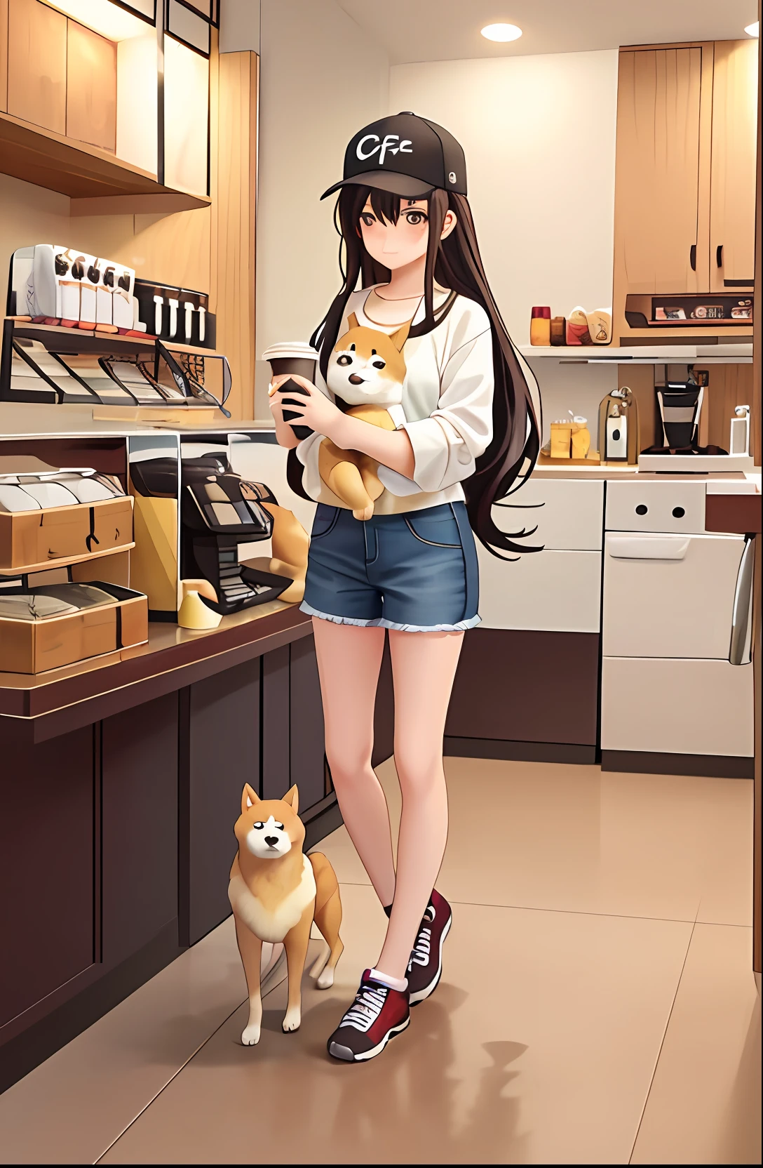 Long-haired girl in baseball cap,Coffee in one hand,Holding Shiba Inu in one hand
