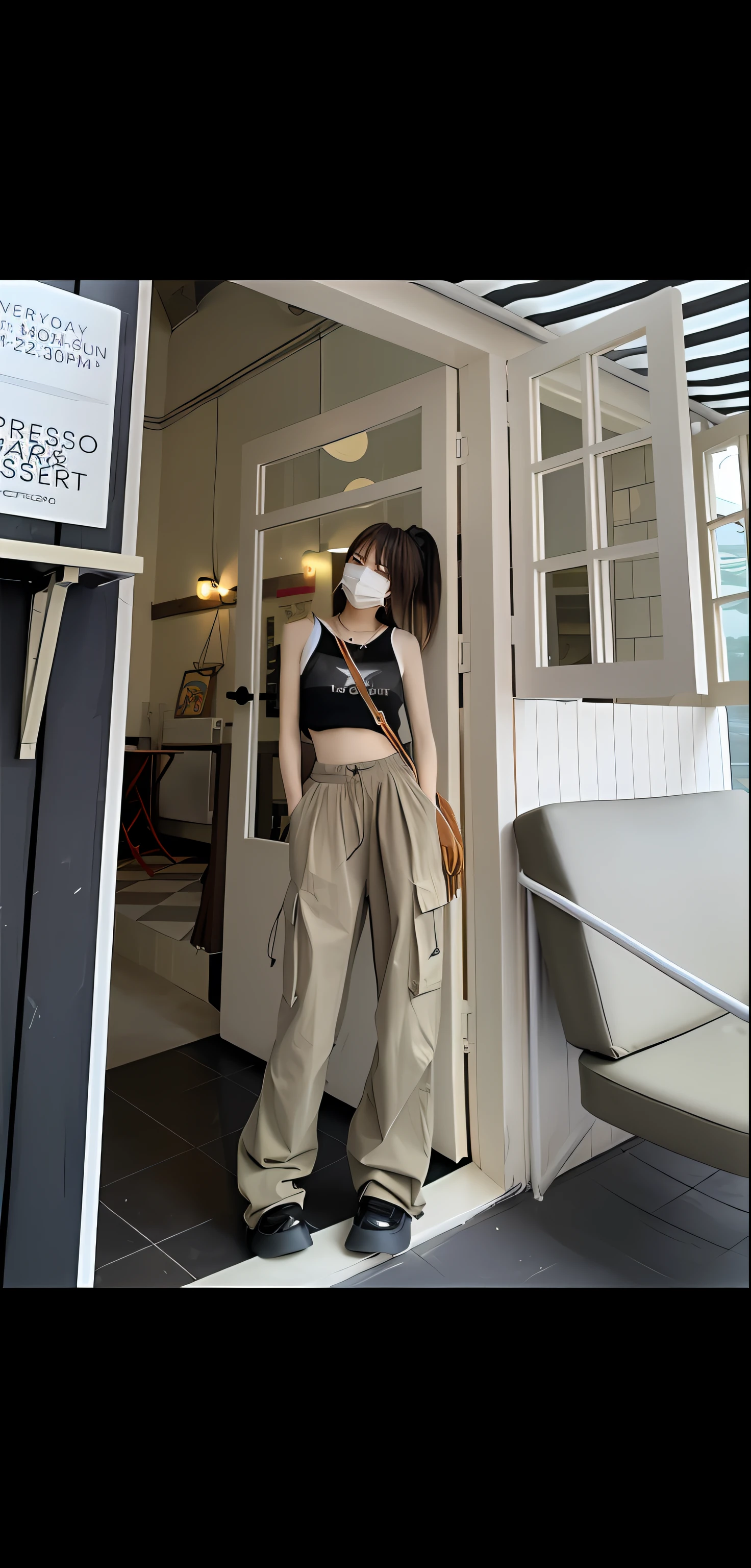 There was a woman standing in the doorway of the building, with ripped crop t - shirt, dressed with dungarees, She is seen wearing streetwear pieces, Cute casual streetwear, cargo pants, cargo pants. Cyberpunk city, h. Show on the. D, 2 0 2 0 fashion, 19xx, wearing japanese techwear, komono, E-Girl
