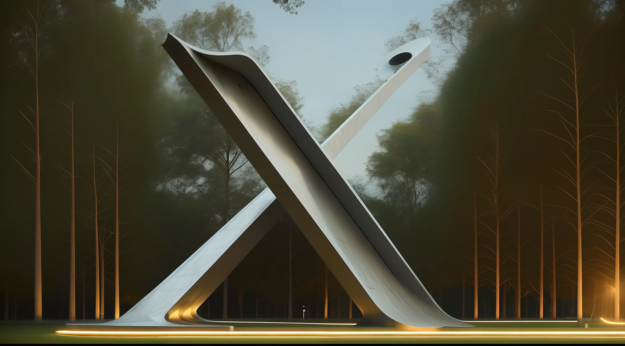 ((logotipo da letra X Cromada e polida, na forma de uma moderna escultura monumental de parque moderno)), inspirado em oscar niemeyer, (imagem hiperrealista:1.2), in a futuristic setting of a city. Efeitos luminosos.