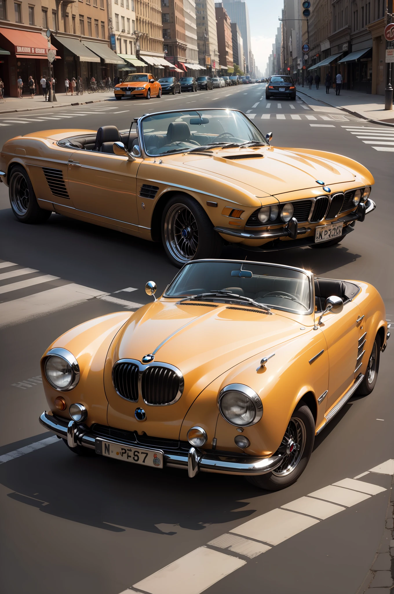 un cabriolet BMW vintage orange et noir, a toute vitesse dans les rue de New York