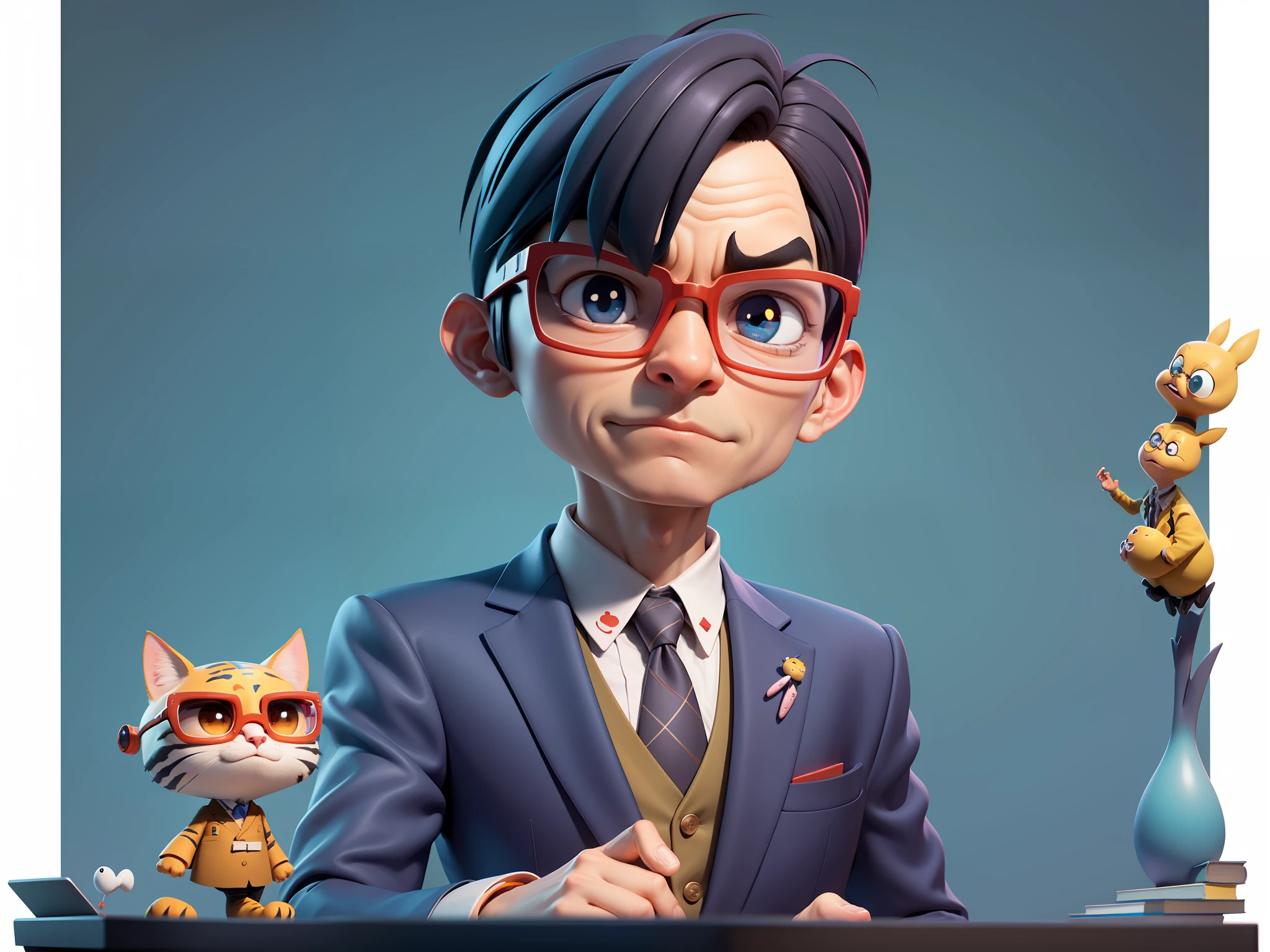 A young man in a suit, Short hair and glasses sat at his desk，holding laptop，digitial painting，tigre，3D character design by Mark Clairen and Pixar and Hayao Miyazaki and Akira Toriyama，4K HD illustration，Very detailed facial features and cartoon-style visuals。