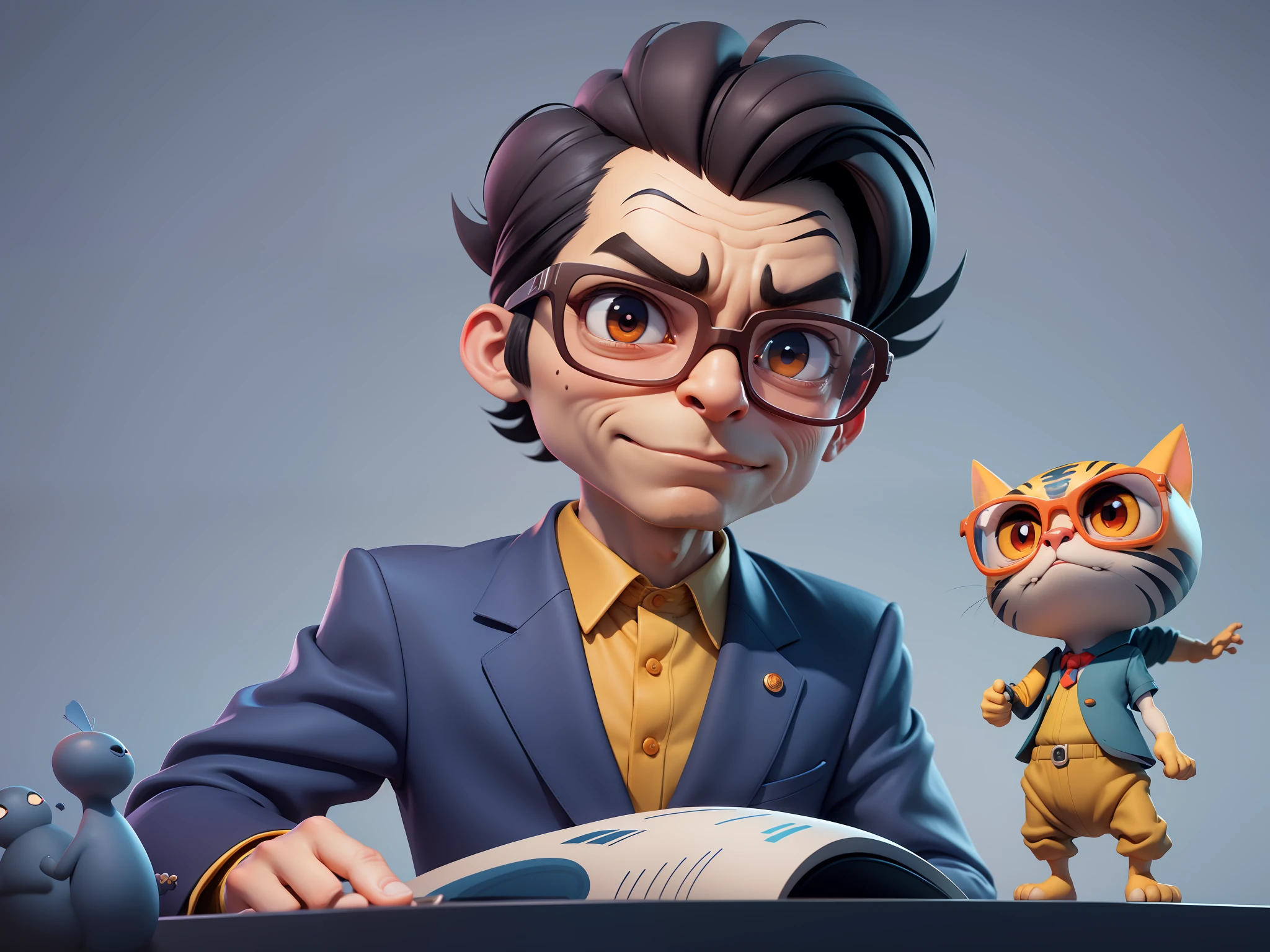 A young man in a suit, Short hair and glasses sat at his desk,holding laptop,digitial painting,tigre,3D character design by Mark Clairen and Pixar and Hayao Miyazaki and Akira Toriyama,4K HD illustration,Very detailed facial features and cartoon-style visuals。