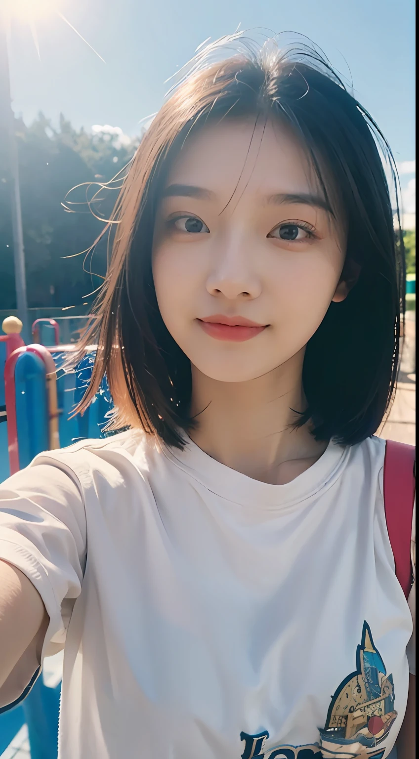 Best Quality, Masterpiece, Ultra High Resolution, (Realistic: 1.4), Original Photo, Wallpaper, Head Photo, Skin, Simple Background, Black Eyes, Detail, Selfie, 1 Girl, 18 Years Old, Breeze, Sunshine, Playground, Enjoy,