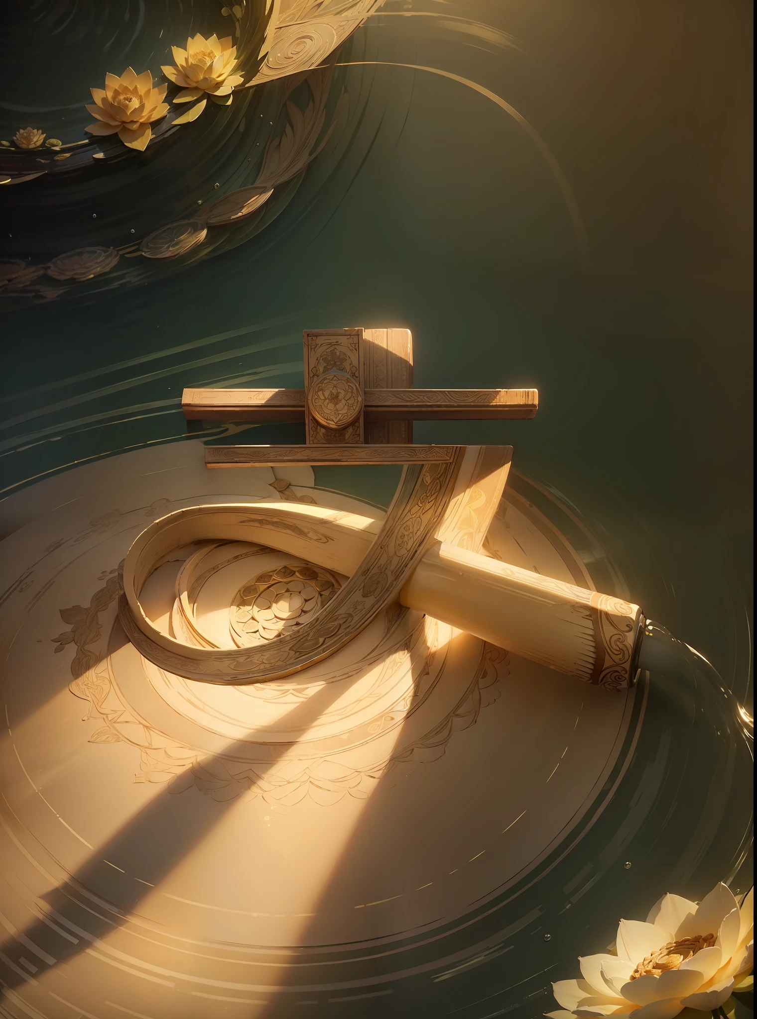 ((There is a large bottle in the middle )),(((Masterpiece))), (((Best quality))), ((Ultra-detailed)),((An extremely delicate)),((A lot of foam)),Cinematic light, lotuses, , Water ripples,