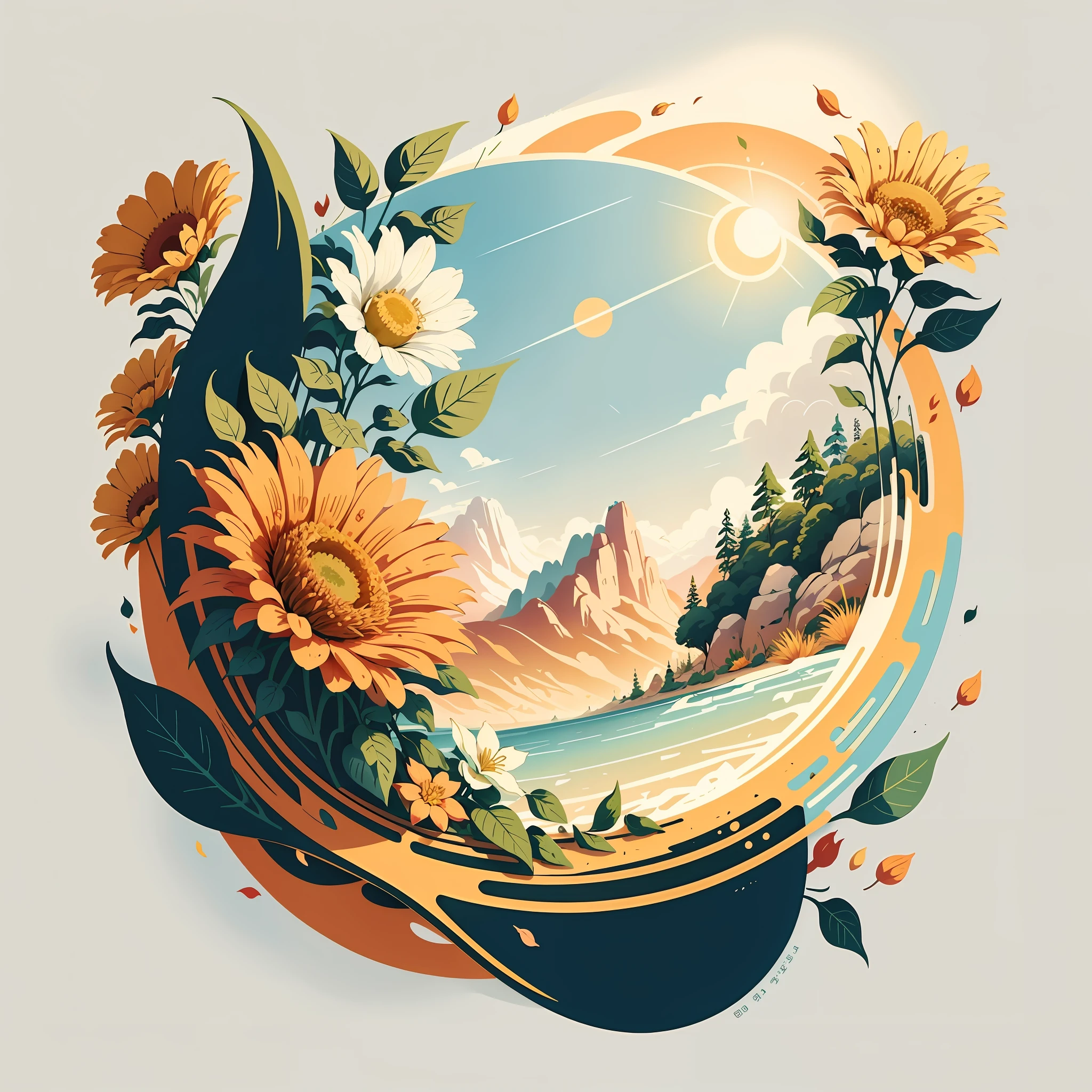 Sting：The sun is shining，flowers blooming，butterfliesdancing，It was as if the earth was shouting the arrival of spring。Mobile wallpaper illustration,Nature views, Minimalist illustration, Line illustration, Colorful。circular composition，Flat illustration。