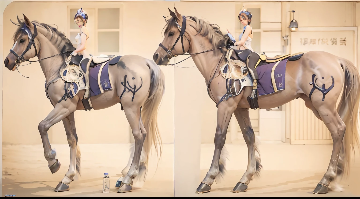 A female centaur,She is famous in the multiverse,She is both a female centaur, half human, half horse, half horse,It is also a female Yingzhao。She blends both images,The first is the head of a horse/neck/Shoulder these parts,After feminization,The upper body transforms into a beautiful female human,Female, half-centaur, half-human, half-horse, half-human,The second is the waist of the horse/hason/gluteal/Legs feminine,Female half-horse with beautiful woman's,Chimer,It's like a female human wearing a half-horse-like costume and making a seamless chimera,This chimerization is based on powerful futuristic technology。The ultra-wide-angle lens captures the image of her sleek and ethereal wings charging and leaping on the ionosphere。Her front half is distinctly feminine,Tall sexy body,Has K cup teardrop-shaped giant tit chest,It has a small man's waist butterfly spanning long legs,The half-horse part of the hind body,Embedded interface in the front half of the body hip position。The horse-shaped, half-horse torso form of her back body is completely female and humanized。A sexy bent dog-style shaped ribcage embedded in the lower back position of the beautiful woman's body from the upper end of the sternum/lower back/Ventral transverse。Then there are the sexy beauty's upright hips,Her entire body has been completely feminized,Including the half-horse part。Mechanized armor covers the legs with knee-shaped anti-joints and feet,And these parts are highly anthropomorphic,This makes her legs graceful and slender,Her four horse legs exploded in length proportions and was slender and toned,Under the legs are skinny white feet dressed in Skyscraper Heels,Use Midjourney's advanced stroke tools and color palettes, as well as texture packs, model packs, and texture tools,Concentration,Femaleize all parts of her original equine physiologic appearance,And give these parts an ergonomic appearance,Fine treatment of the thoracic and abdominal cavity of the posterior body,As well as hips and