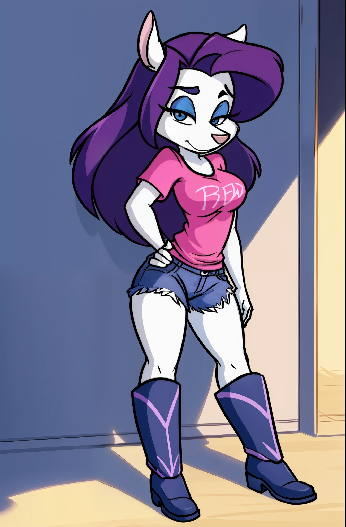 1girl, MinervaMinkCzar,(peludo, furry female, corpo inteiro), (orelhas de animais, cauda longa, cauda loira, focinho, franja varrida, cabelo longo, cabelo loiro, maquiagem, olhos pretos, sombra azul) camiseta pequena, shorts, botas alta