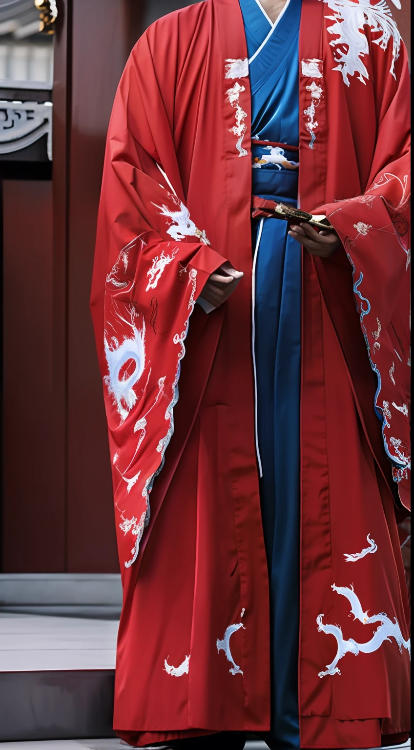 Masterpiece, Highest quality, (solofocus),, (High detail: 1.1),dojo，Red and yellow robes，The male， Man, chinese crown, 1人,and white hair,超高分辨率 , Detailed background, realisticlying, wearing a detailed and intricate xianxia antique outfit