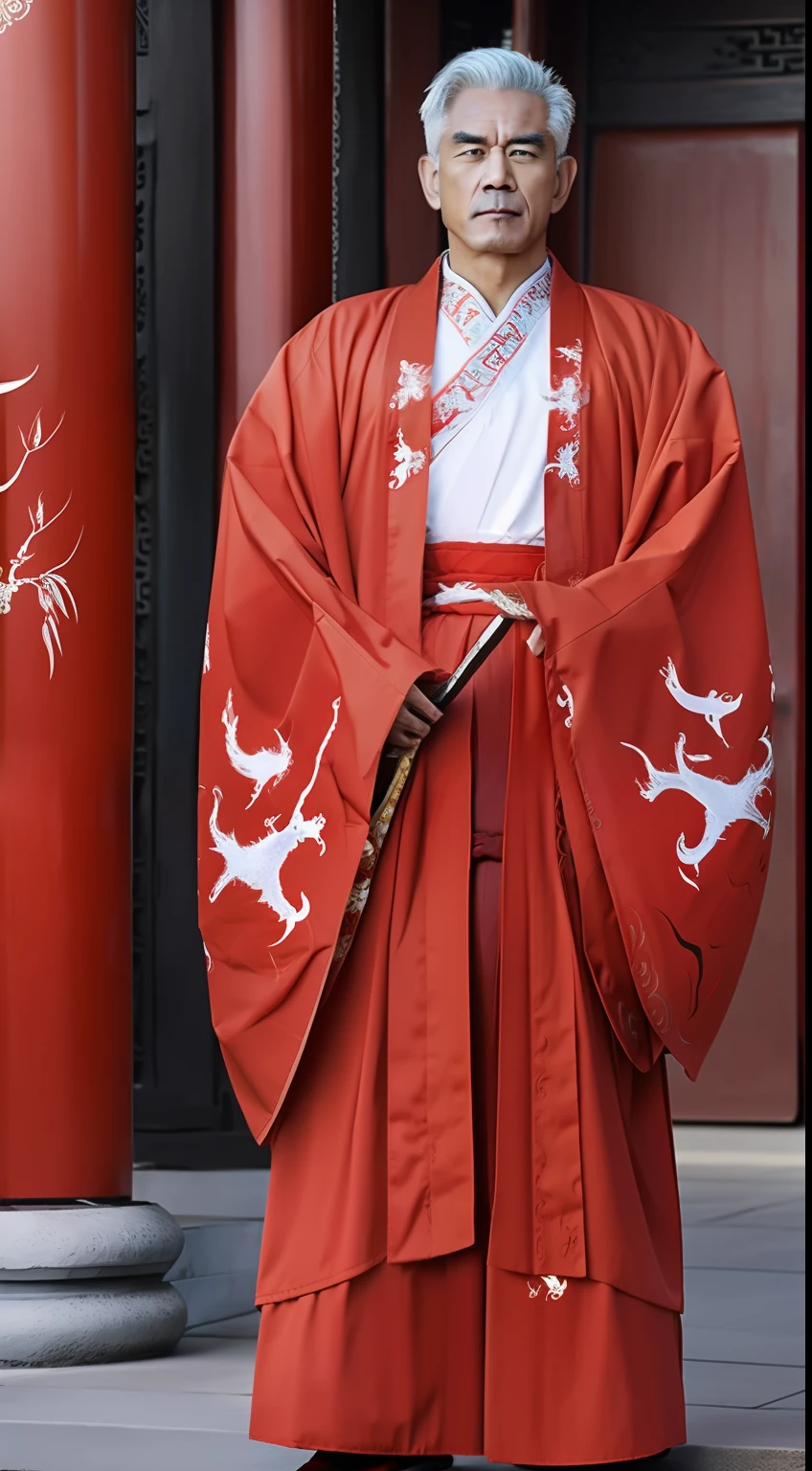 Masterpiece, Highest quality, (solofocus),, (High detail: 1.1),dojo，Red and yellow robes，The male， Man, chinese crown, 1人,and white hair,超高分辨率 , Detailed background, realisticlying, wearing a detailed and intricate xianxia antique outfit