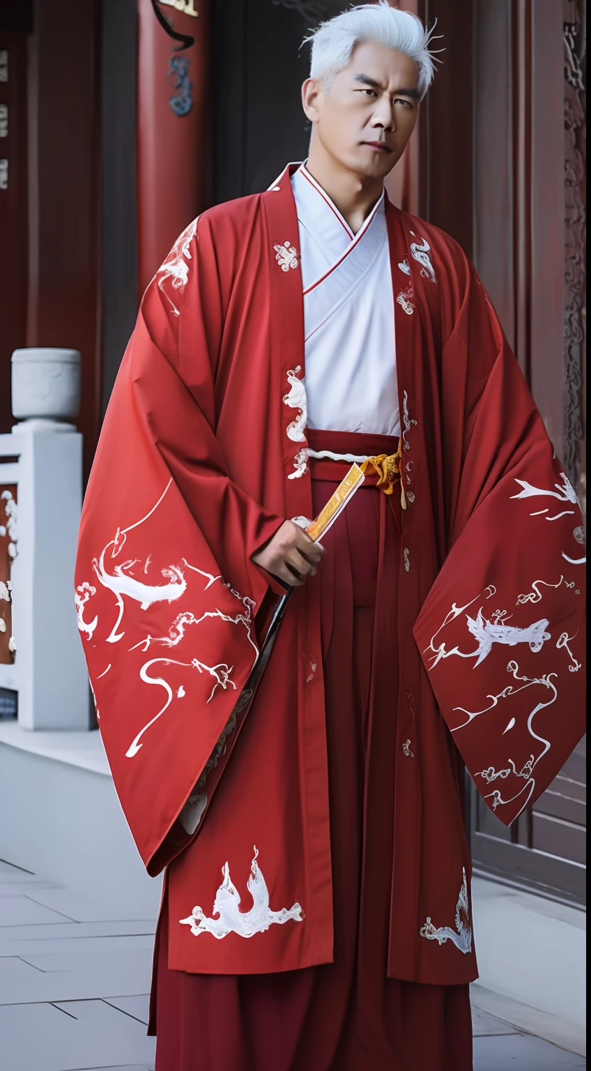 Masterpiece, Highest quality, (solofocus),, (High detail: 1.1),dojo，Red and yellow robes，The male， Man, chinese crown, 1人,and white hair,超高分辨率 , Detailed background, realisticlying, wearing a detailed and intricate xianxia antique outfit