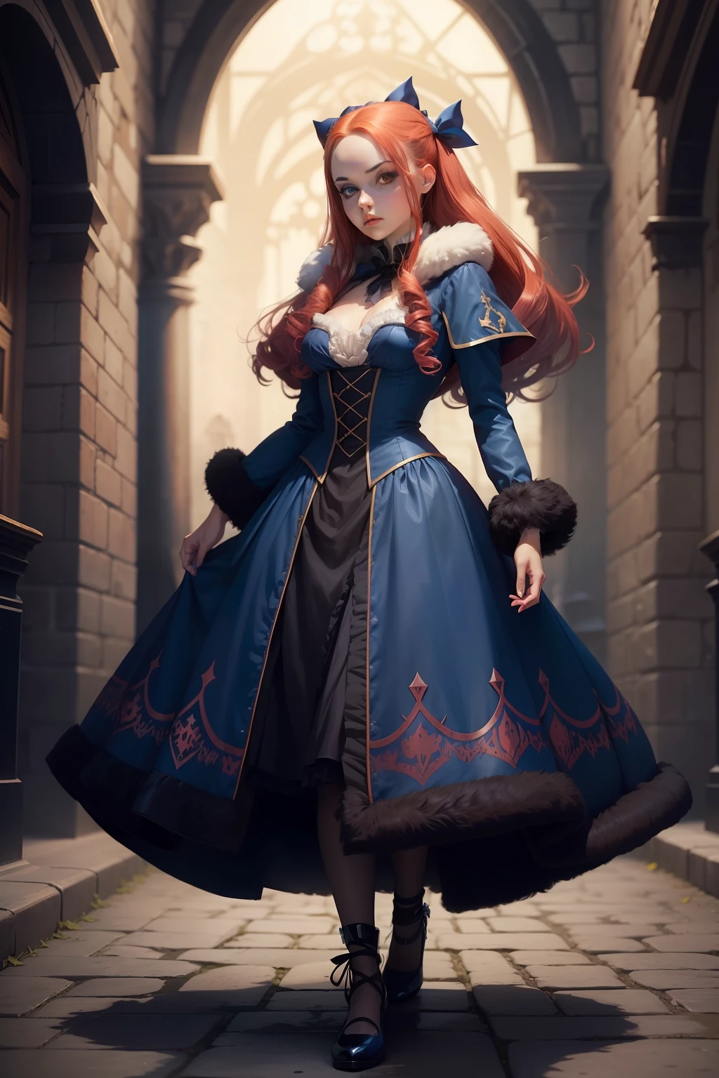 Cute, A girl, pretty, The woman, Vampire, Vampire Girl, Lenore, Castlevania, Lenore from Castlevania redhead, gown, stocklings, Shoes, blue clothes, fur coat, Medieval dress