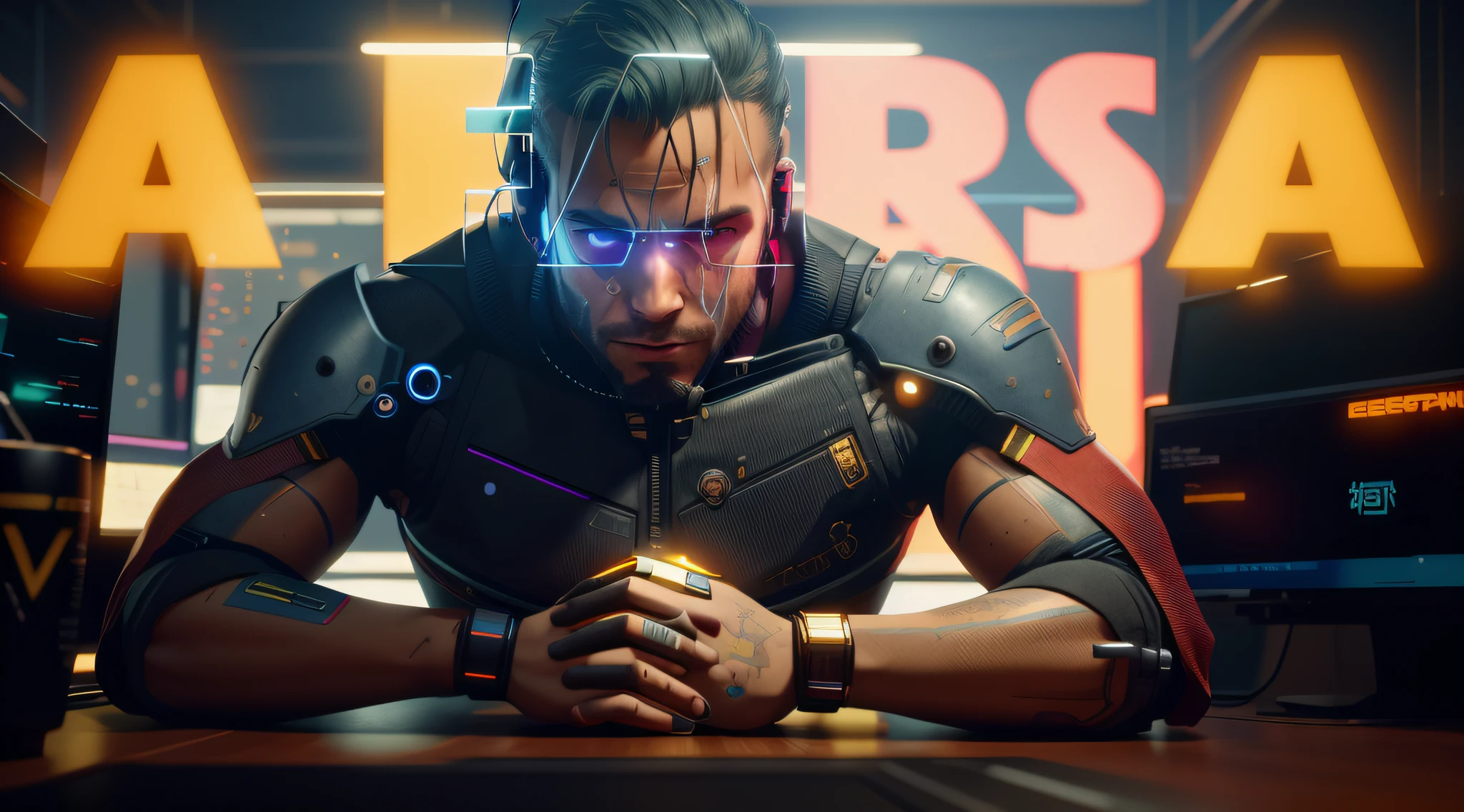 there is a man in a suit sitting at a desk with a computer, arte do jogo de capa, cyberpunk 2077 rossdraw, Destaque em ArtStation, Wojtek FUS, fan art, arte do personagem do motor irreal, Closeup da arte do personagem, Destaque no ArtStation HD, estilo cyberpunk , hiper-realista, arte cyberpunk ultrarrealista 8k, fanart melhor artstation