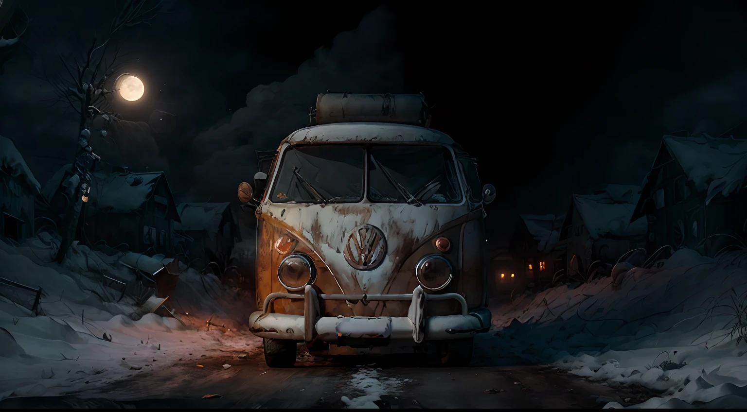 analog gloomy photo of an (orange) volkswagen kombi,  ((haunted house:1.0)), (walking dead:1.0), zombie apocalypse, (abandoned town at (midnight)), (full moon), (winter), (snow), ((horror movie)), ((nighttime)), lost in the wood, ruins, dilapidated buildings, High Detail, Sharp focus, (photorealism), realistic, best quality, 8k, award winning, dramatic lighting, epic, cinematic, masterpiece, rim light, ambient fog:1.5, dutch angle,