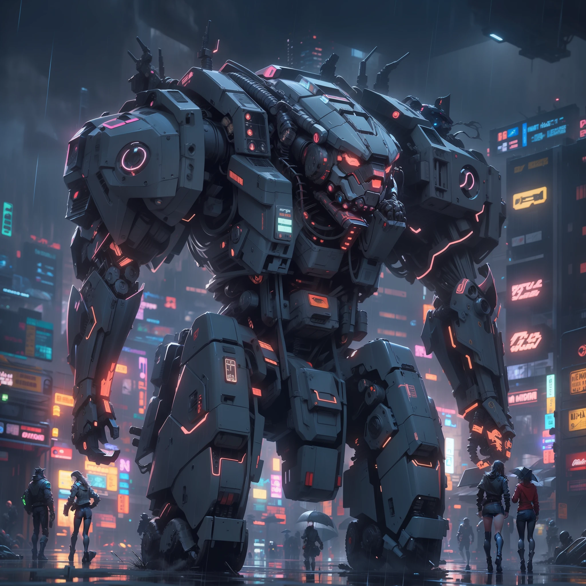 Rainy days,mechs,enemies,A group of age warriors,High-rise buildings,nigth,neonlight