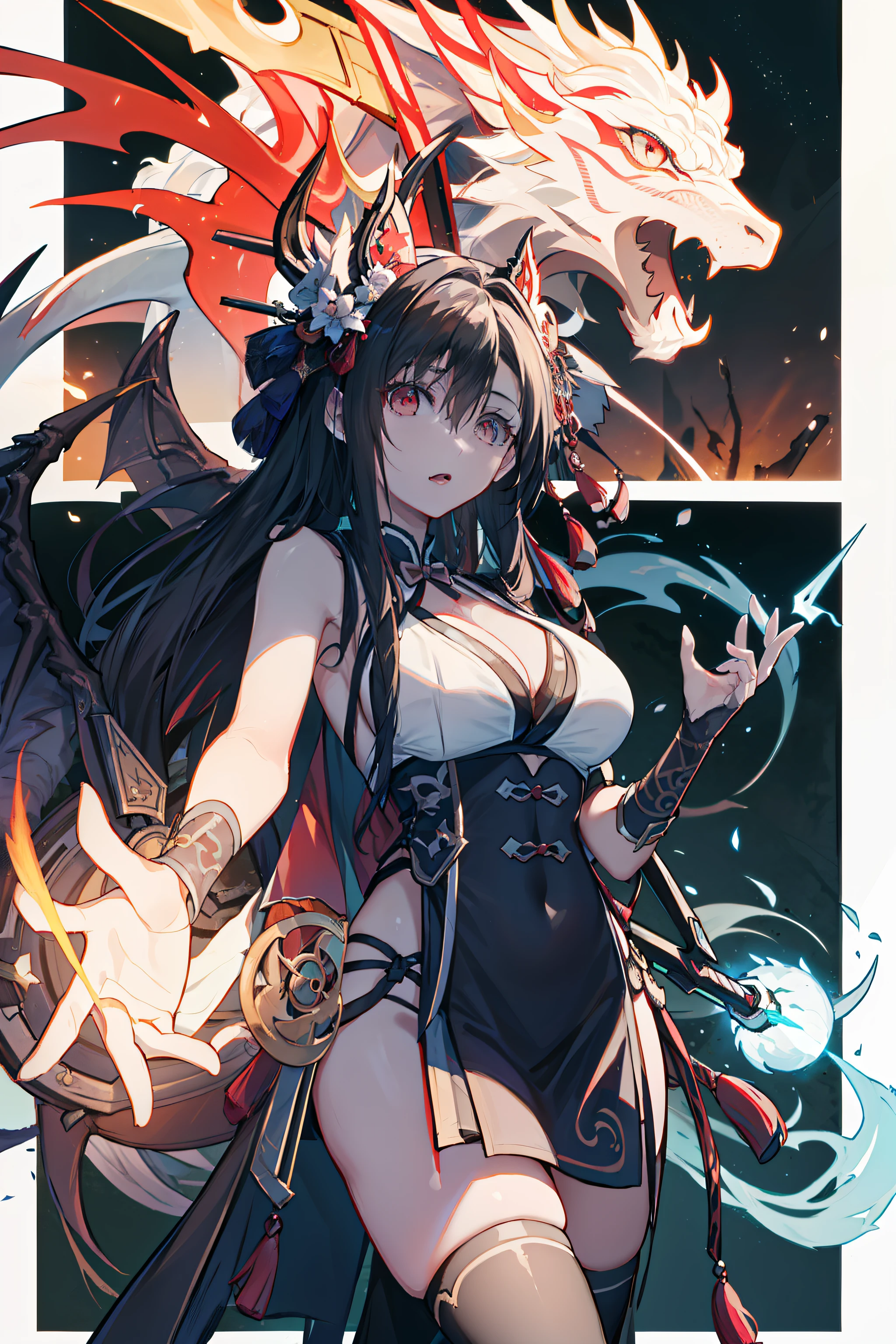 (teens girl),(drak(critters)),(Black and white tones),(Vacated,Being in the air),(the sky background),(Chinese magic robe),(long sword),(combats),(China-style),(comic strip),(Ink wind),(dynamic angle),(Optimization of facial features),(Dragon),(White Dragon),(Traditional Chinese dragon),(The dragon surrounds the maiden),(There is a white Chinese dragon on its back),(iintricate),(ultra - detailed),(best detail),(Bright colors),(opulent),(tmasterpiece),(sharp fokus),(Dynamic effects),(holy),(attractive cleavage),(fang),(mito),(high high quality),(perfect eyes),(Detailed body),(highly detailed),(epic),(fanciful)