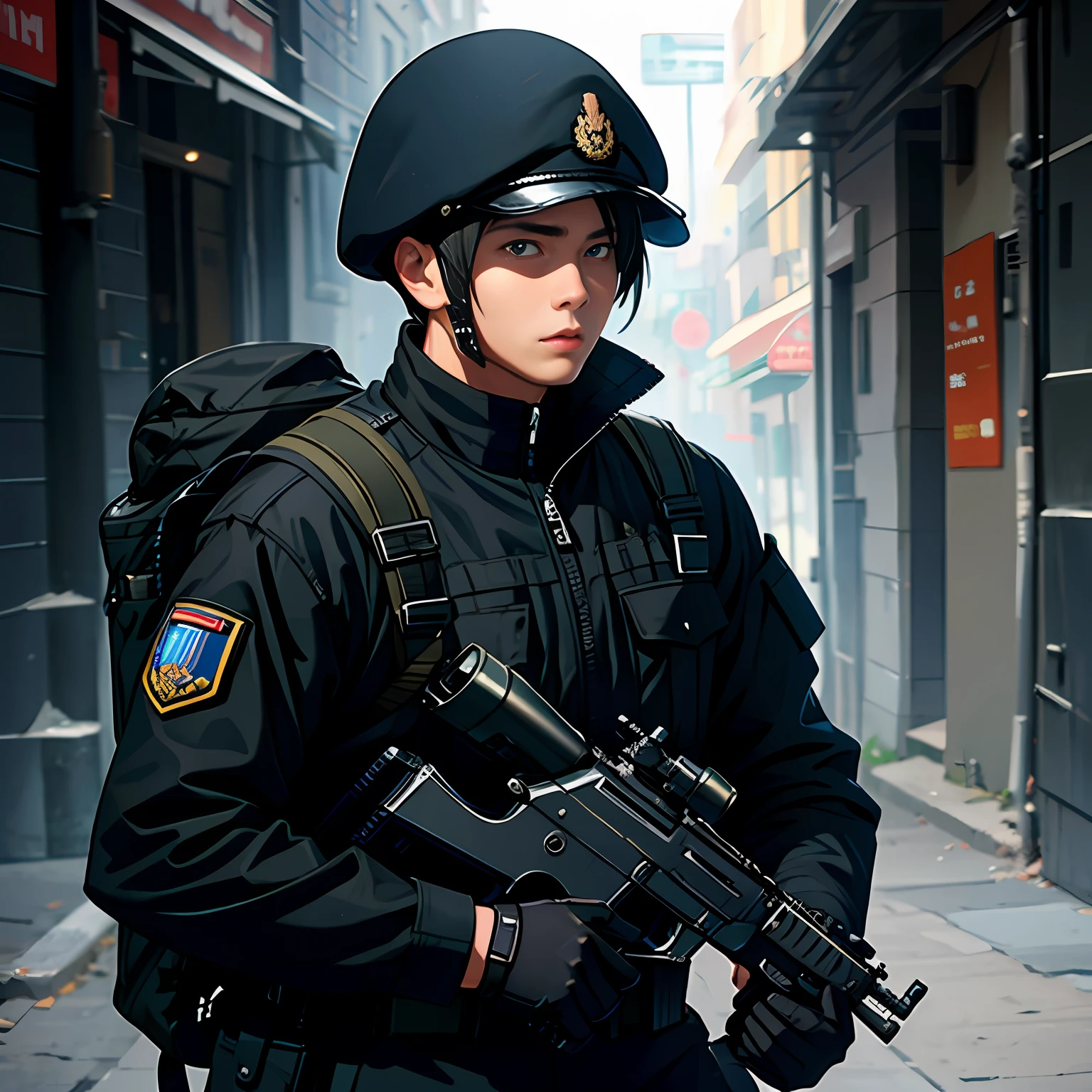 A heavily armed male soldier in a black combat uniform