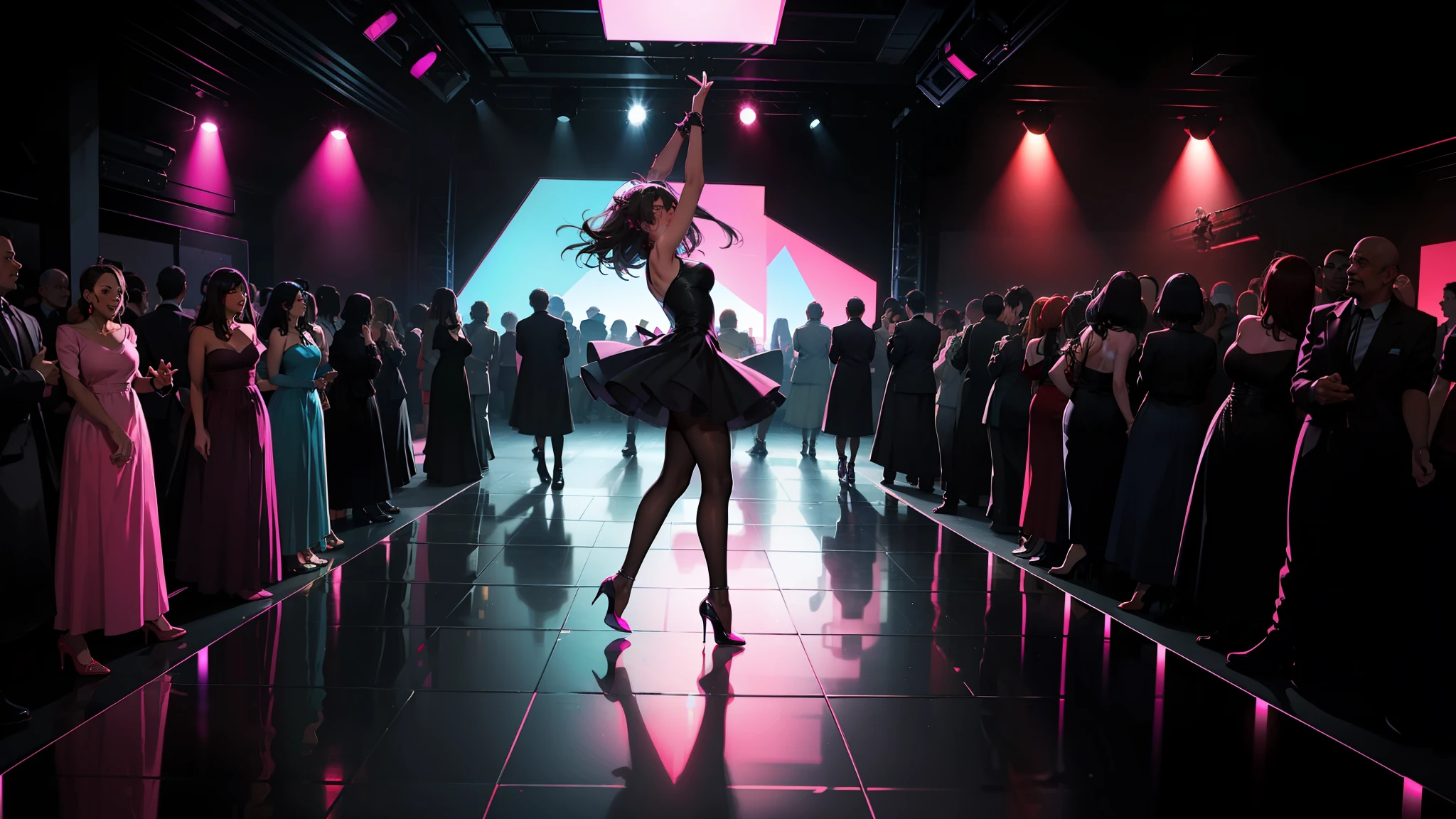 Black women Pink dress, dancing on the dance stage, ambient lighting, disco lights upstairs, dancing, high heels.