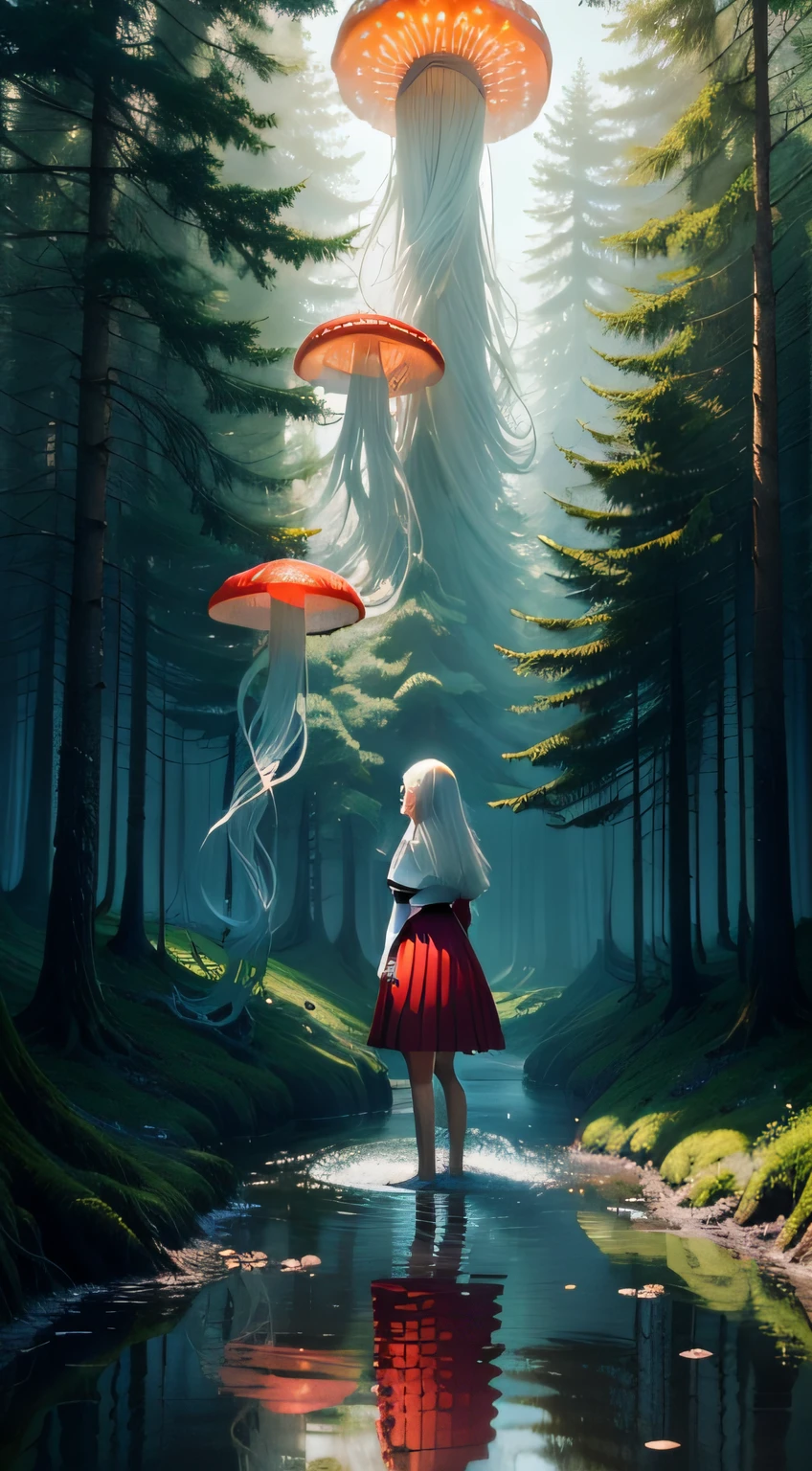 red jellyfish,jellyfishforest, 1girl, long hair, dress, solo, white hair,t-shirt, mushroom, nature, jeans, outdoors, tree, walking, forest, water