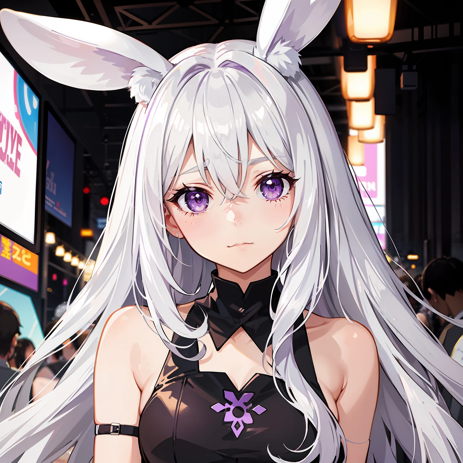 silver-white long hair，Purple eye，bunnygirl，At the Comic Con，is shy，
