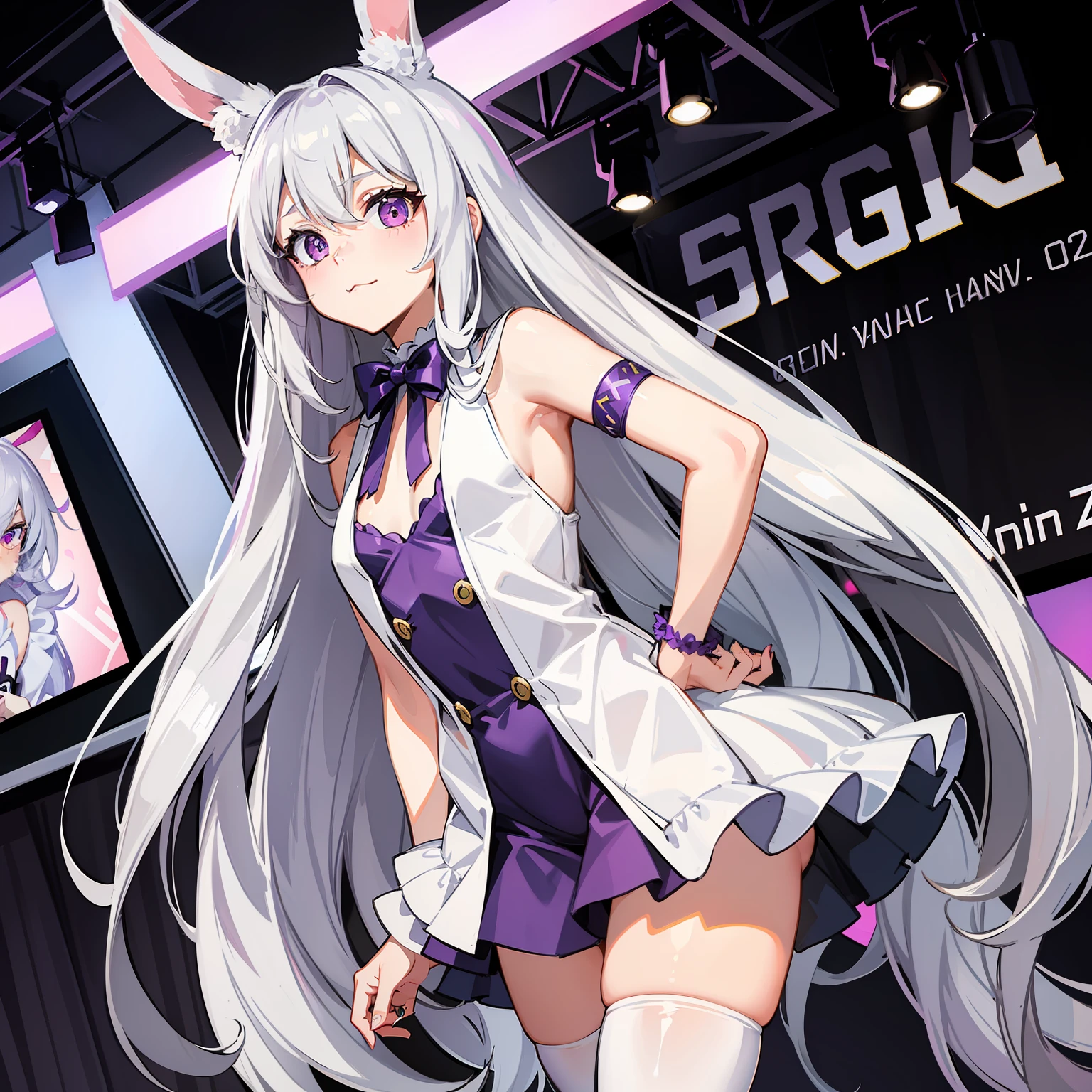 silver-white long hair，Purple eye，bunnygirl，At the Comic Con，is shy，